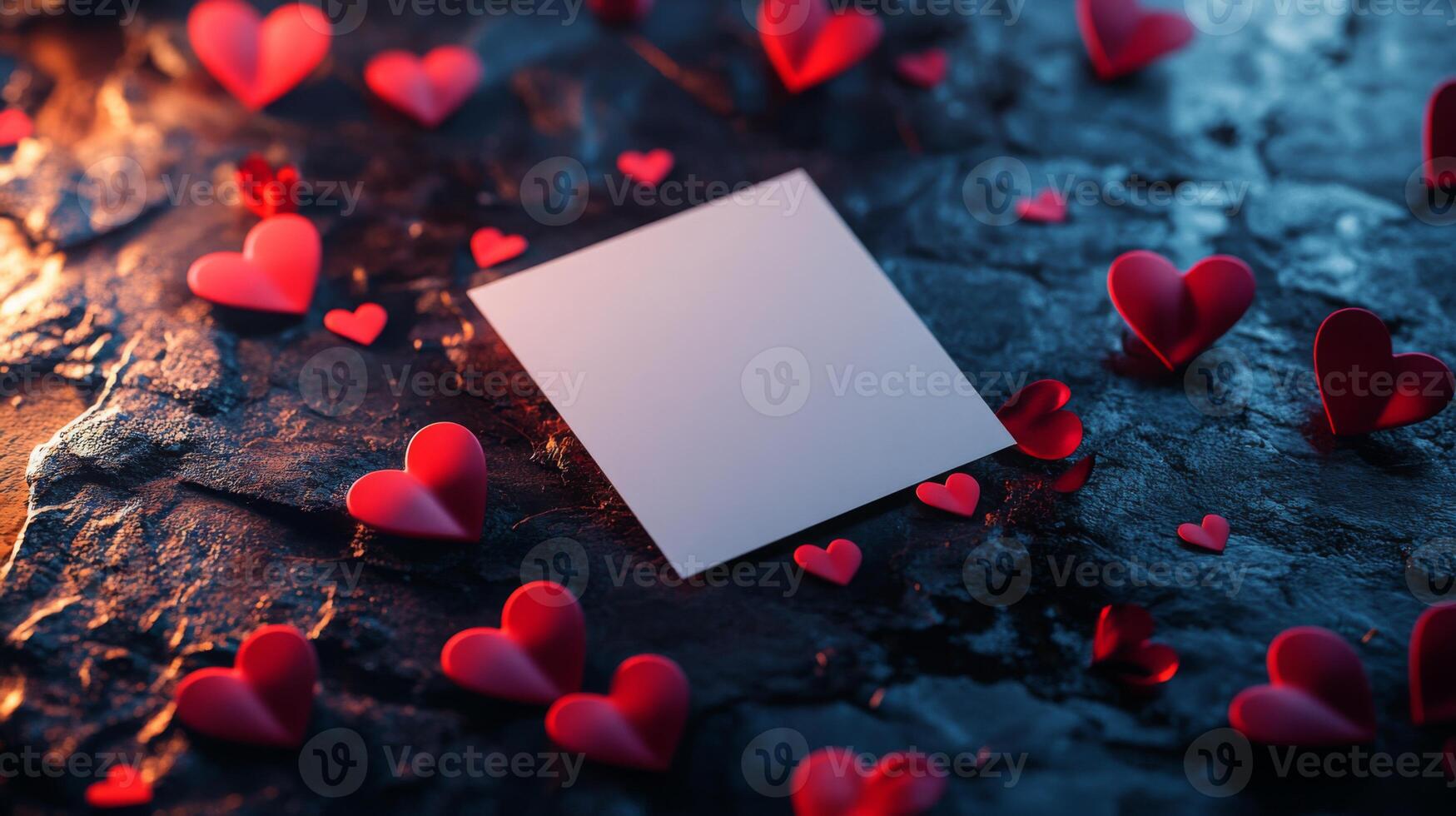 A collection of small red heart decorations surrounds a blank card resting on a dark textured surface, creating a romantic atmosphere ideal for love notes or heartfelt messages. photo