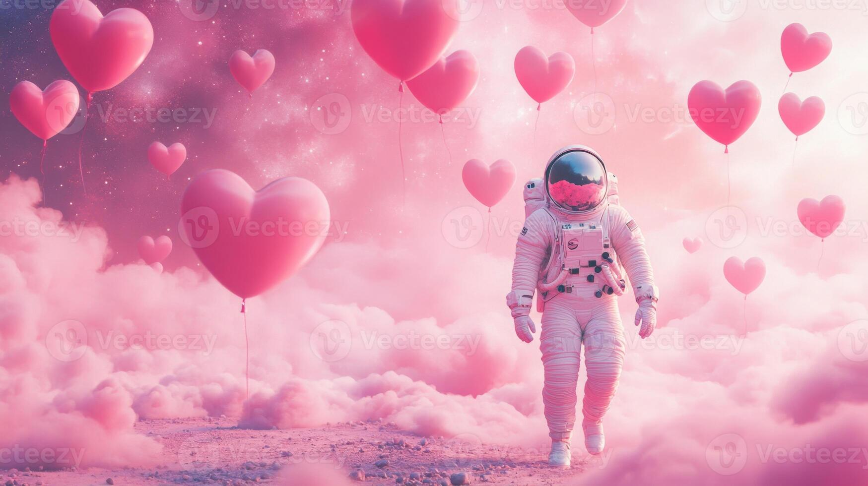 An astronaut explores a whimsical environment where pink clouds and floating hearts surround them. The surreal setting evokes a sense of wonder and romance, creating a magical atmosphere. photo