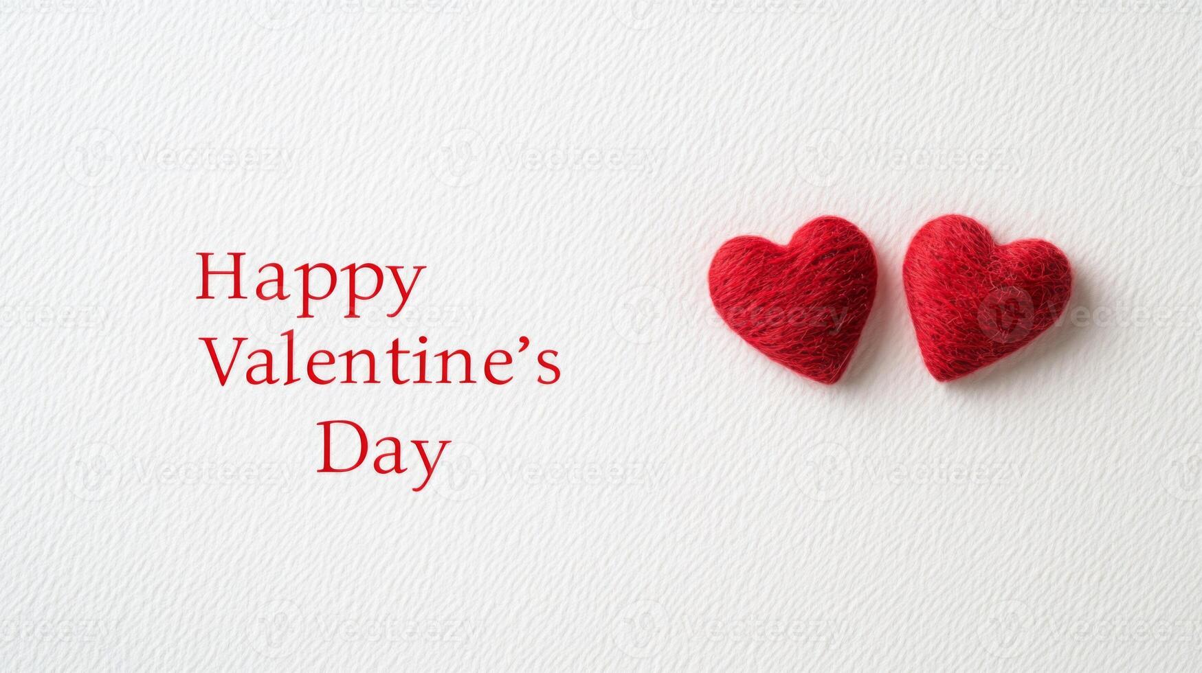 Two red felt hearts are positioned closely on a textured white background with the greeting expressing love for Valentine's Day. This simple yet meaningful setup captures the spirit of the occasion. photo