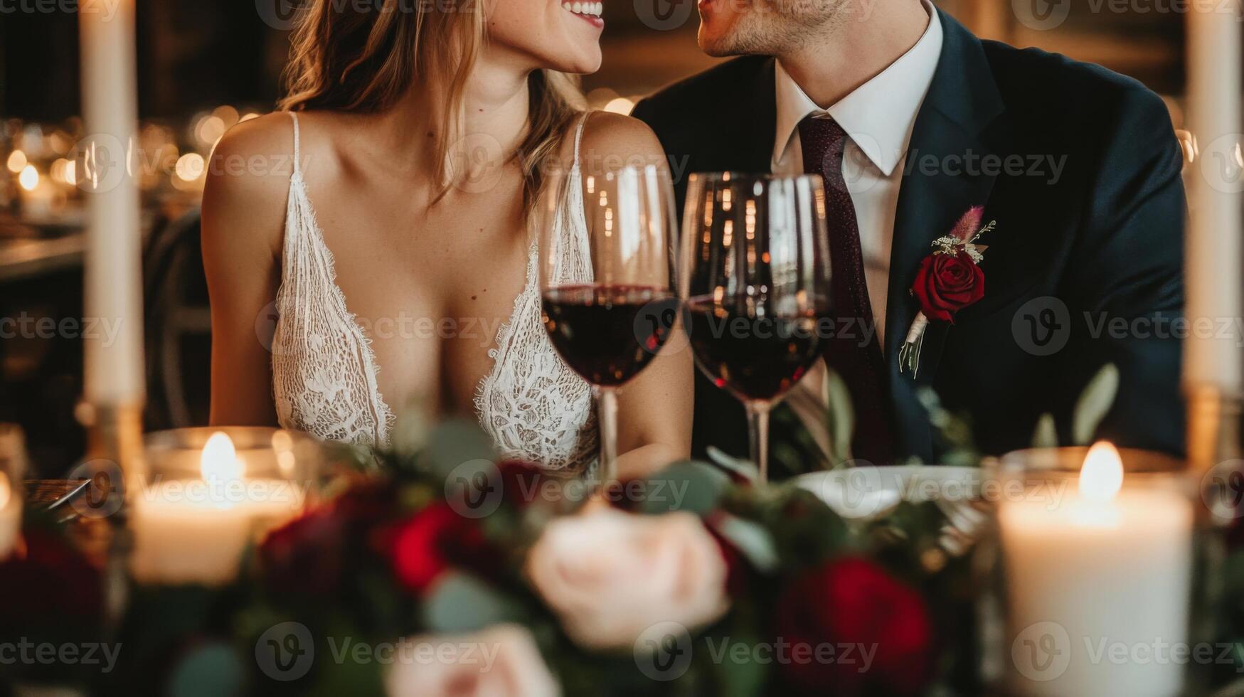 A couple shares a romantic dinner, gazing at each other while enjoying wine by candlelight. photo