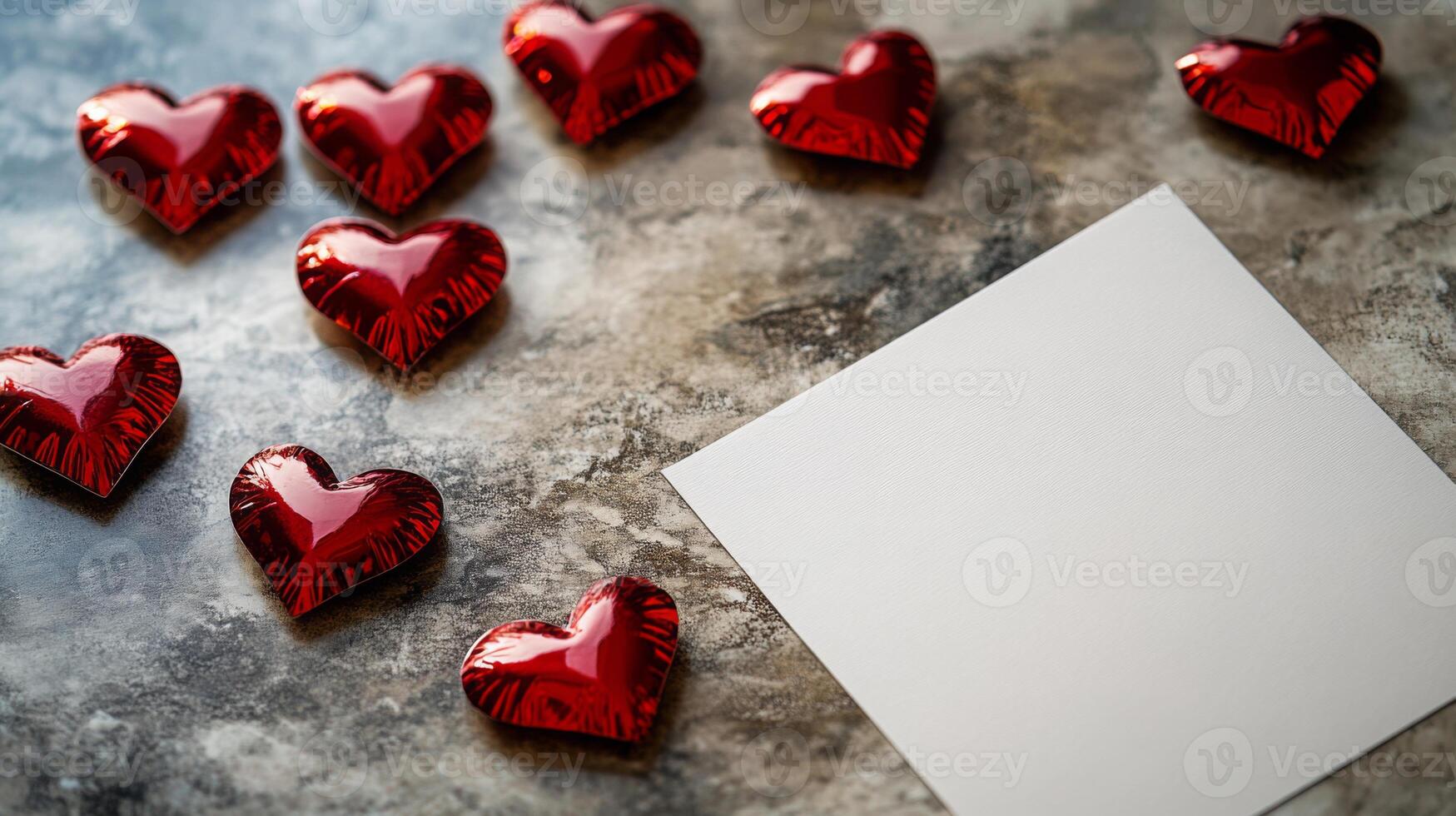 Bright red heart-shaped chocolates are scattered around a blank note on a gray stone surface. This setup invites personal messages and expressions of love for special occasions or celebrations. photo