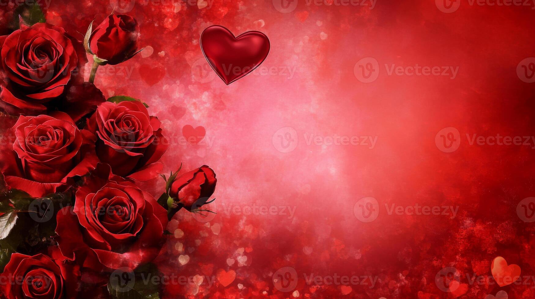 This vibrant display features a cluster of red roses alongside playful hearts, set against a rich red and pink background. Ideal for expressing affection, romance, and passion. photo