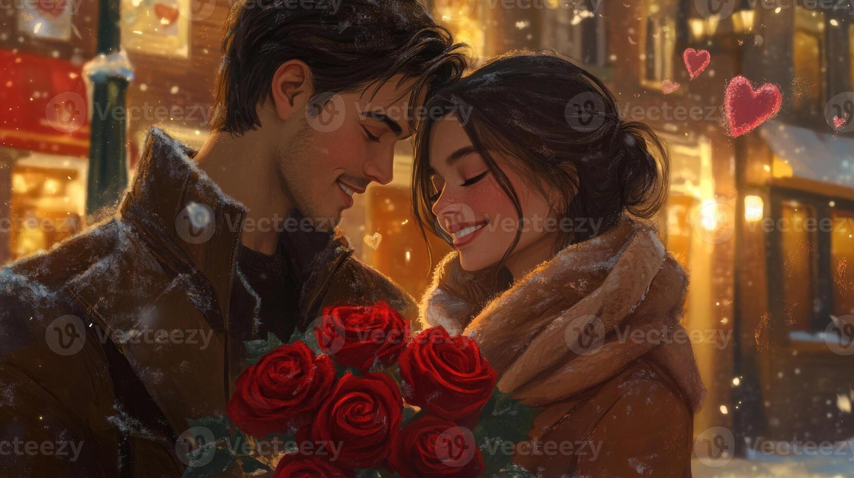 A couple stands close together in a snowy street, exchanging smiles and tender gazes. photo