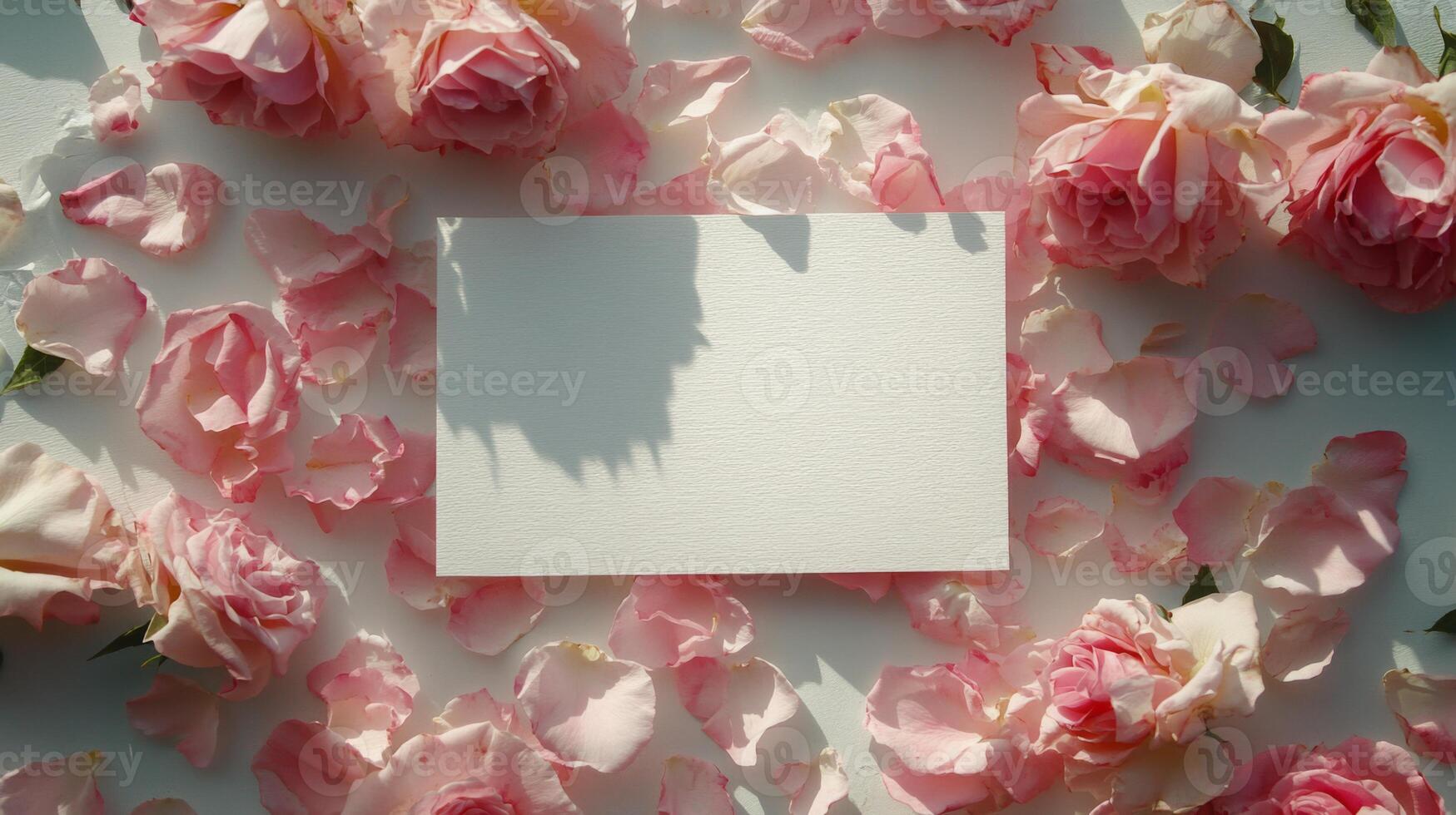 Surrounded by soft pink rose petals, a blank card sits on a gentle surface, inviting words or designs. The petals form a beautiful frame, enhancing the romantic atmosphere of the setting. photo