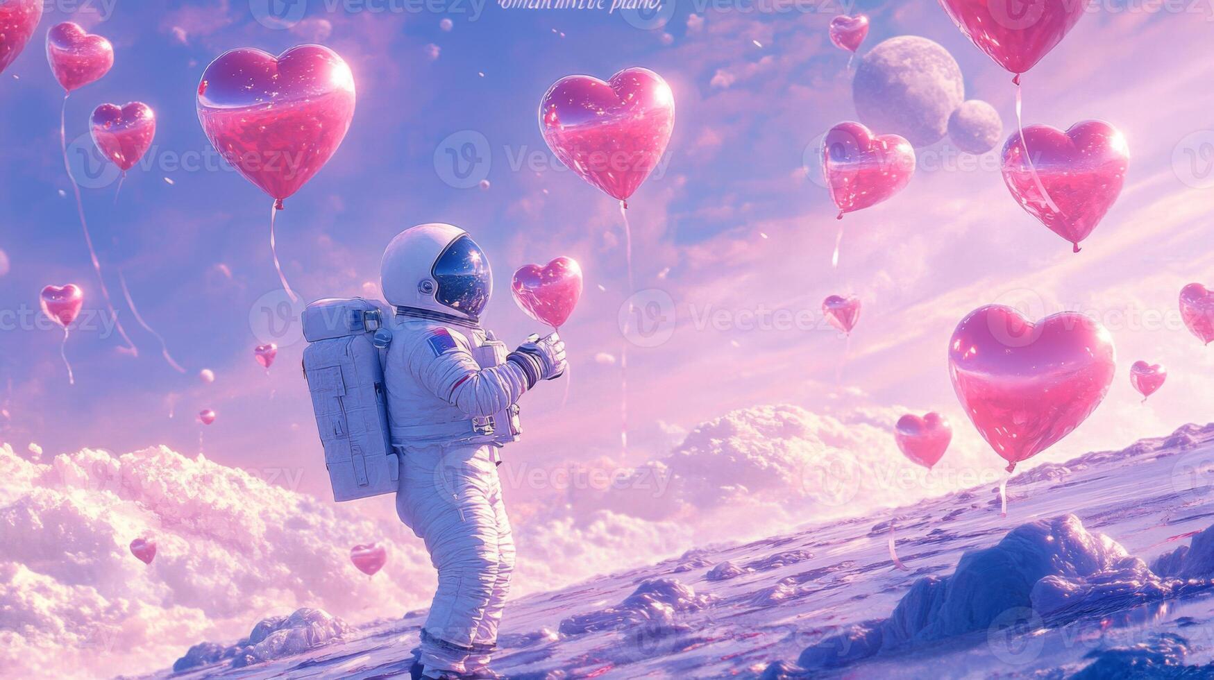 An astronaut stands on a celestial surface surrounded by floating heart-shaped balloons. The colorful sky features soft clouds and distant moons, creating a whimsical and peaceful atmosphere. photo