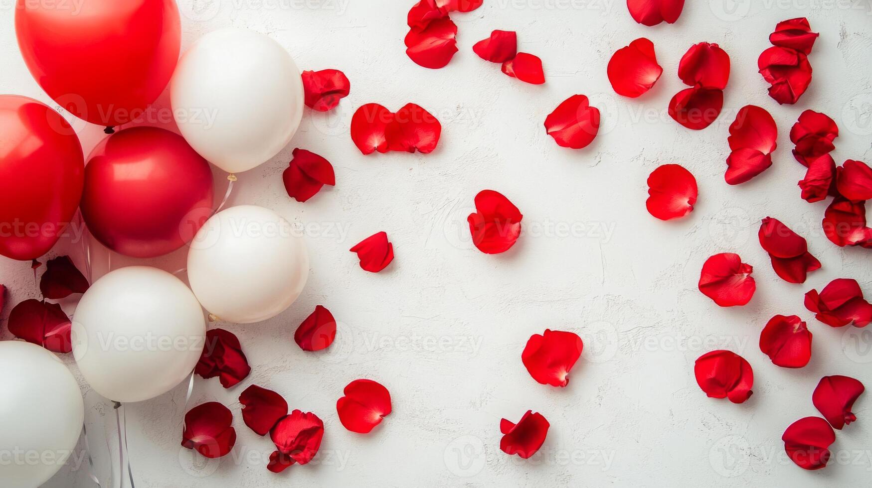 Bright red and white balloons are arranged alongside scattered rose petals on a light surface, creating an inviting and romantic atmosphere perfect for a special celebration or event. photo