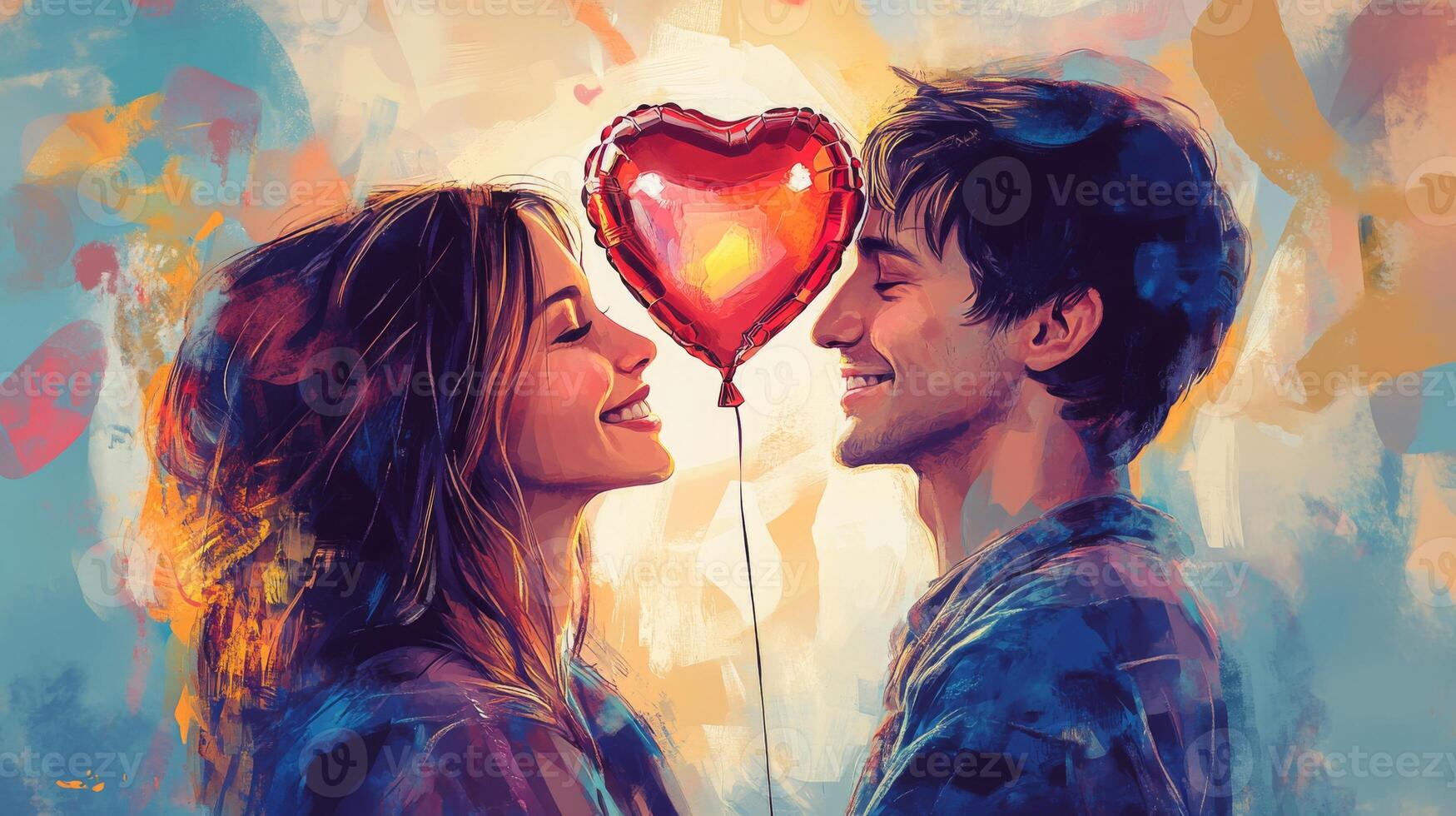 Two individuals smile at each other, holding a heart-shaped balloon between them. Their expressions reveal happiness and love against a vibrant, painterly background filled with warm colors. photo