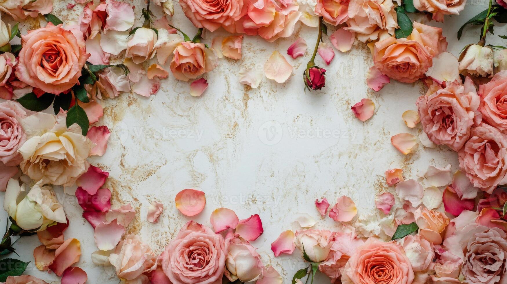 A beautiful display of fresh pink and cream roses surrounds a blank space. Delicate petals in various shades are scattered around, creating a charming and inviting atmosphere for any occasion. photo
