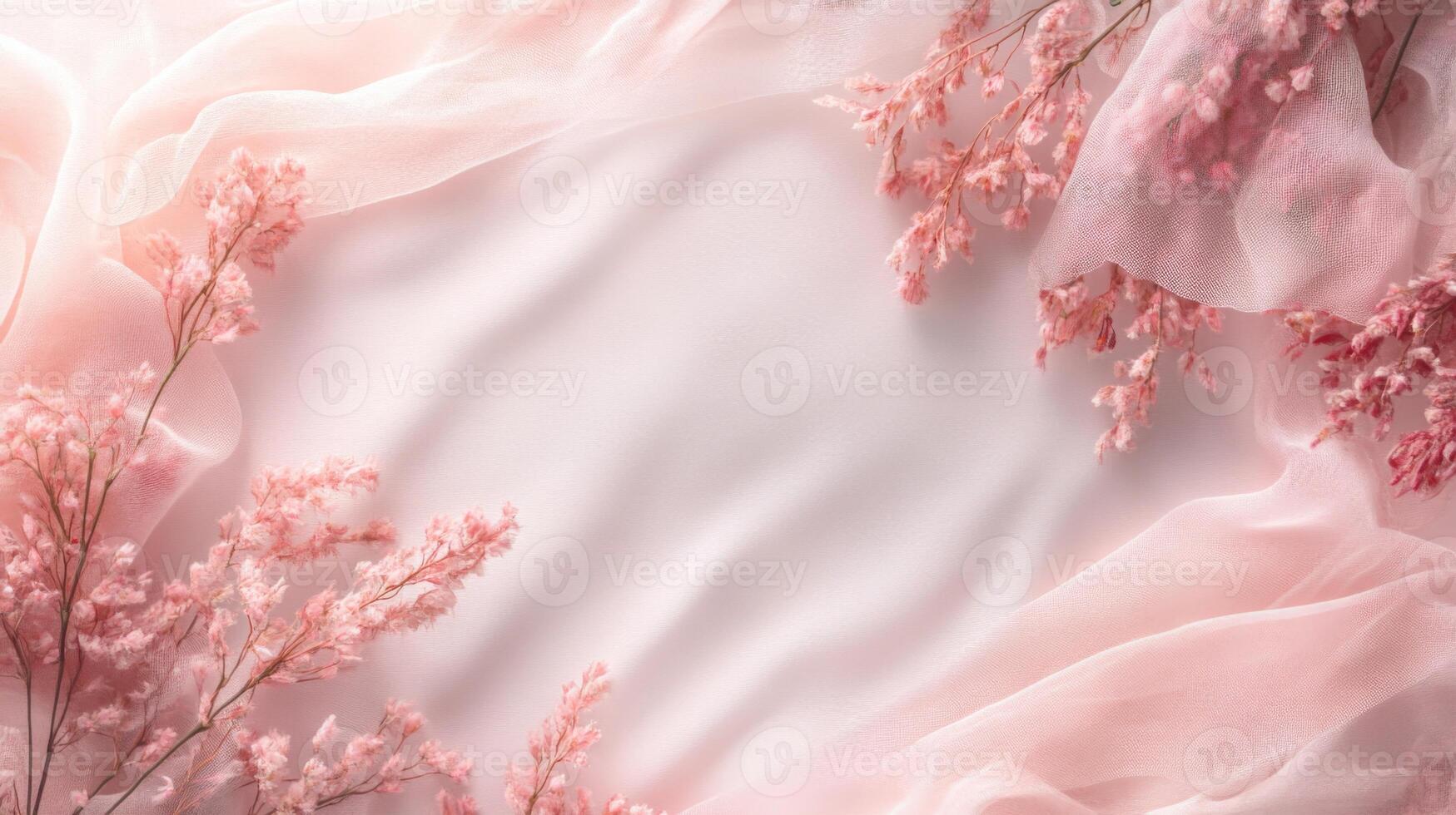 Light pink fabric flows gracefully across the surface, accented by clusters of soft pink flowers. The combination creates a serene and inviting atmosphere perfect for decoration or backdrop. photo