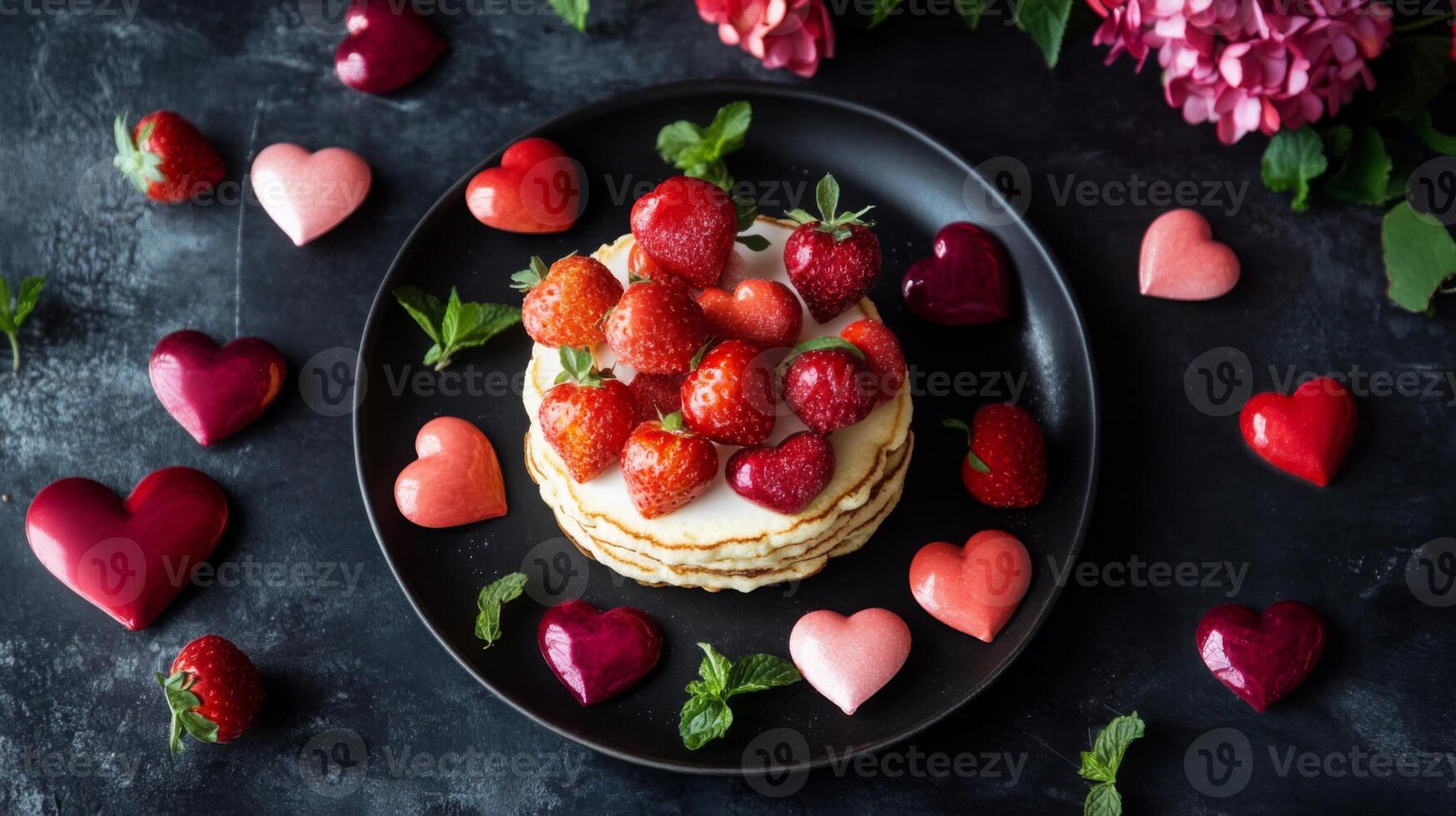 A stack of fluffy pancakes is topped with fresh strawberries and cream, arranged on a black plate. photo
