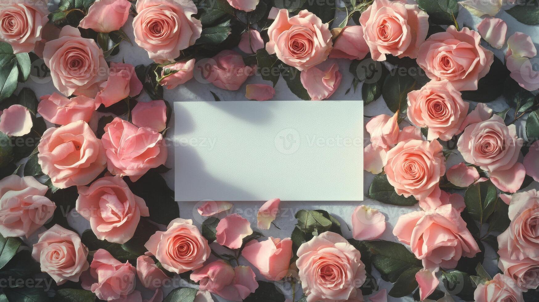 Soft pink roses are beautifully arranged around a blank card on a light surface. Petals in various shades scatter around, contributing to a romantic, elegant atmosphere perfect for any occasion. photo