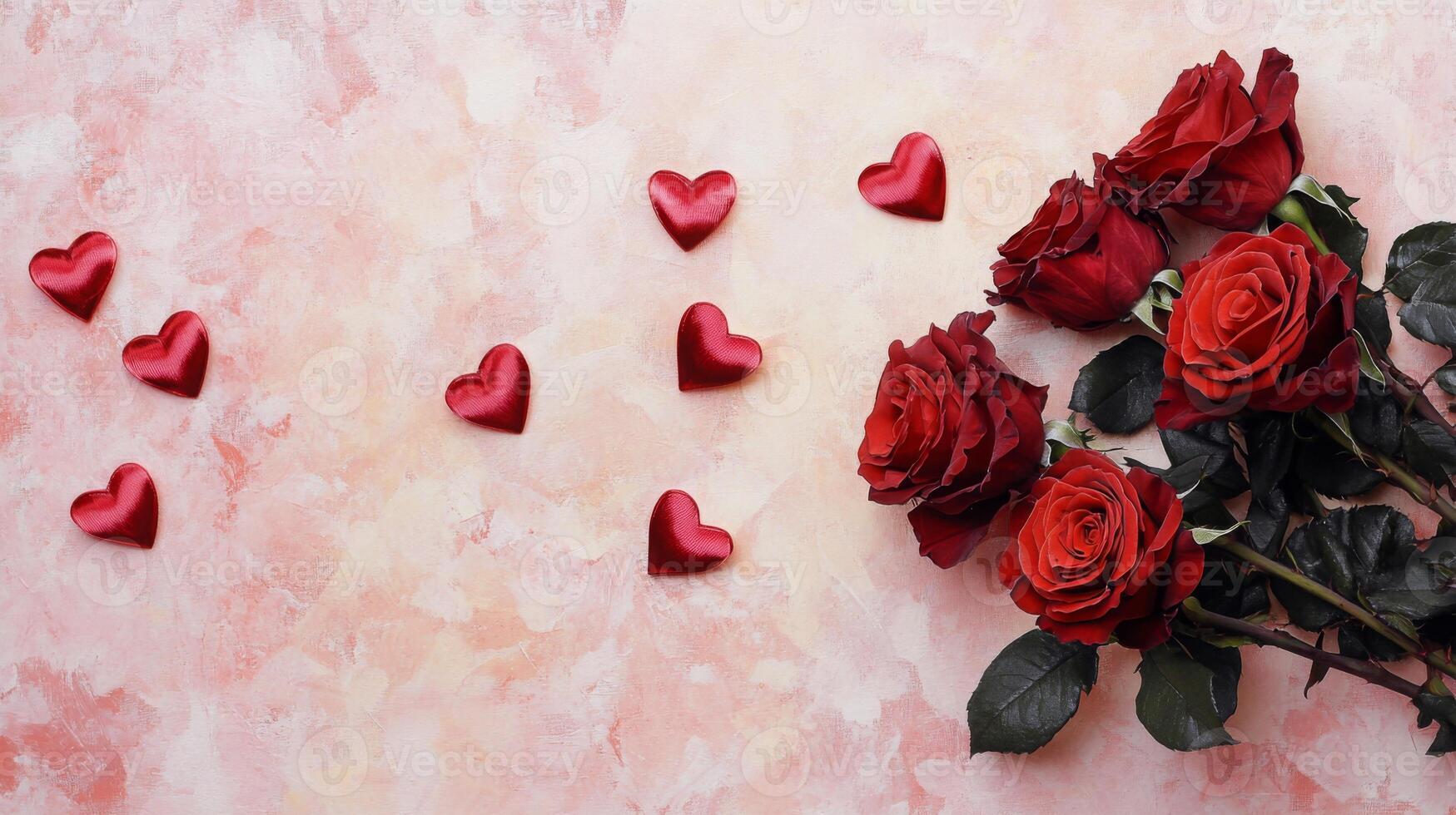 A beautiful display featuring vibrant red roses alongside small heart-shaped decorations on a soft pink background. Perfect for celebrating love and romance during special events. photo