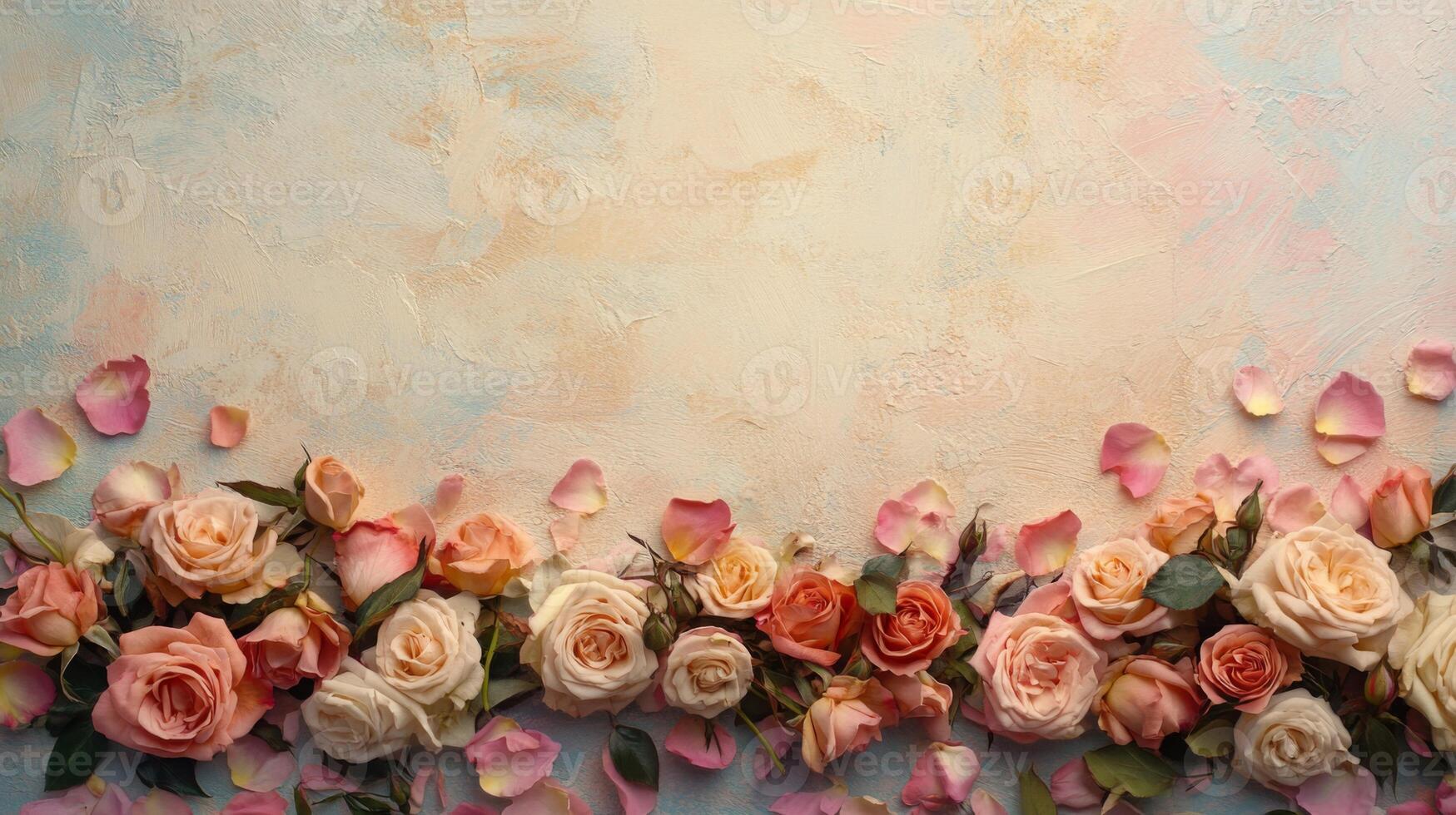 A stunning arrangement of roses in shades of pink and cream rests along the bottom of a softly textured pastel background. Petals are scattered above the flowers, enhancing the romantic feel. photo