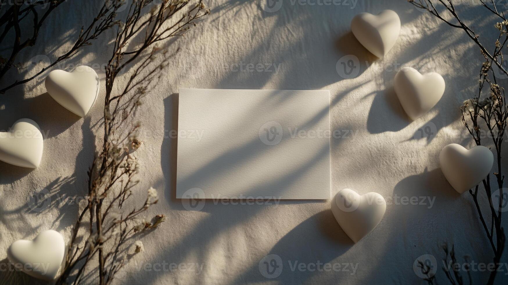 Soft light filters through, casting shadows on a blank card placed centrally. White heart shapes and dried flowers create a serene, romantic atmosphere, ideal for heartfelt messages or invitations. photo
