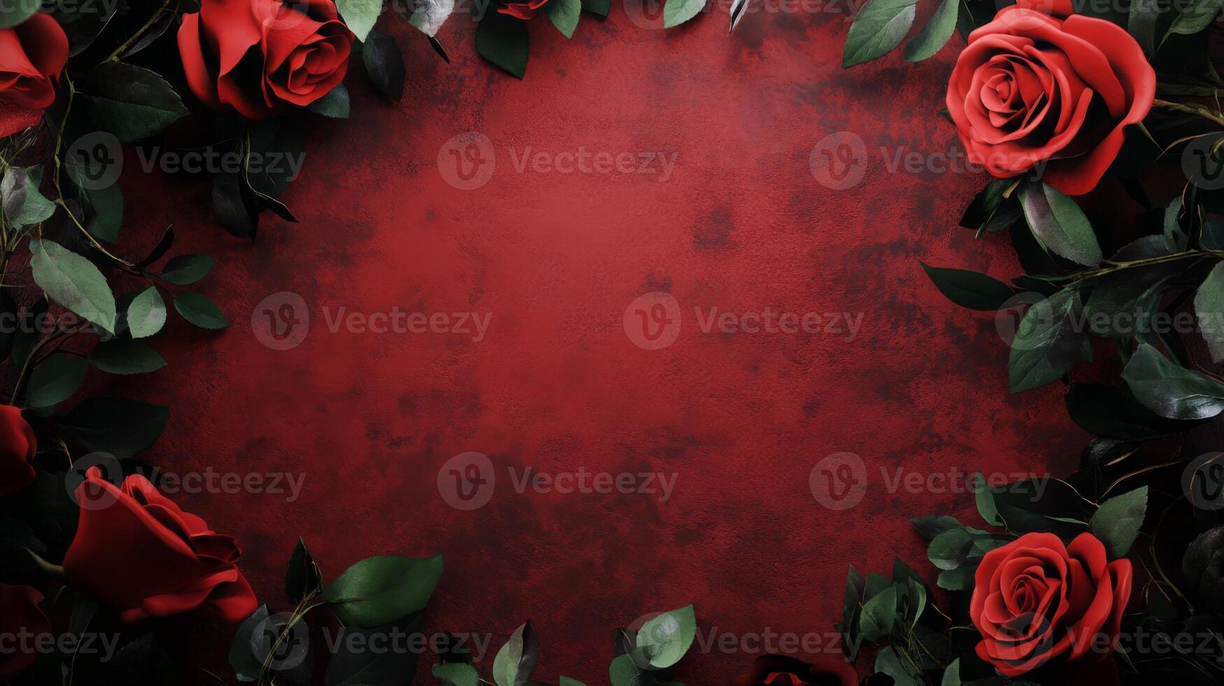 A collection of vibrant red roses arranged around a deep burgundy background creates a romantic and elegant atmosphere. photo