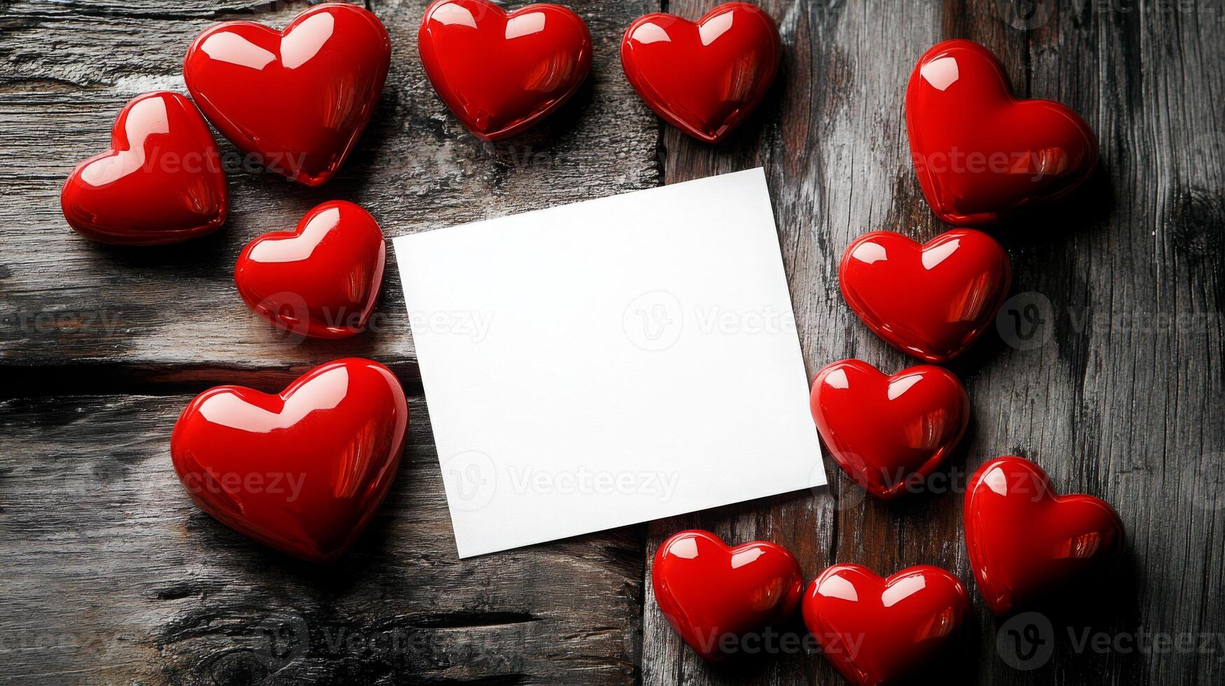 Decorative red hearts are arranged in a circular pattern around a blank square note placed on a dark wooden surface. The vibrant colors contrast with the rustic wood, creating a romantic ambiance. photo