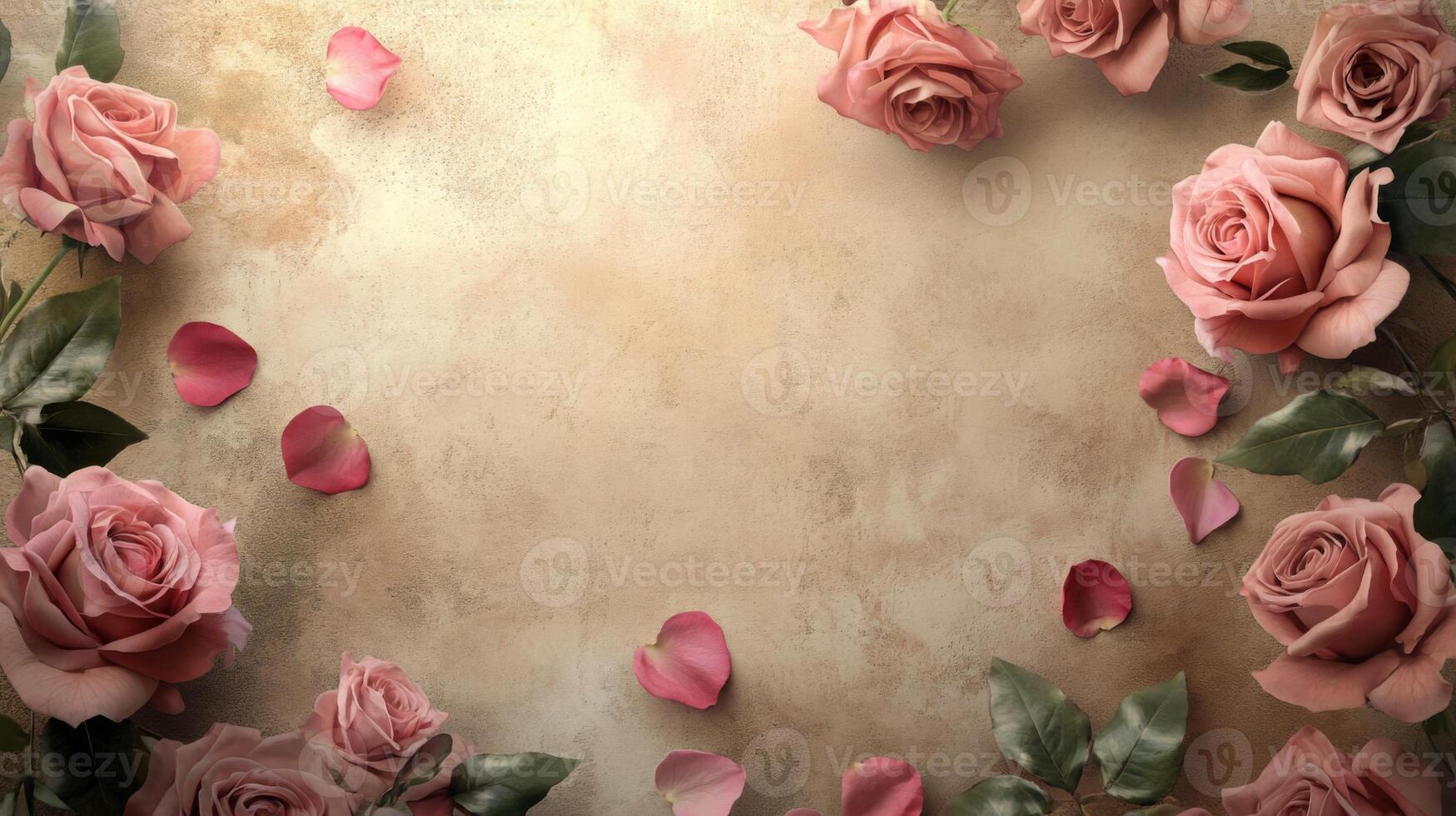 A collection of delicate pink roses surrounds a soft, textured background. Rose petals are scattered, enhancing the romantic atmosphere, perfect for celebrations or gatherings. photo