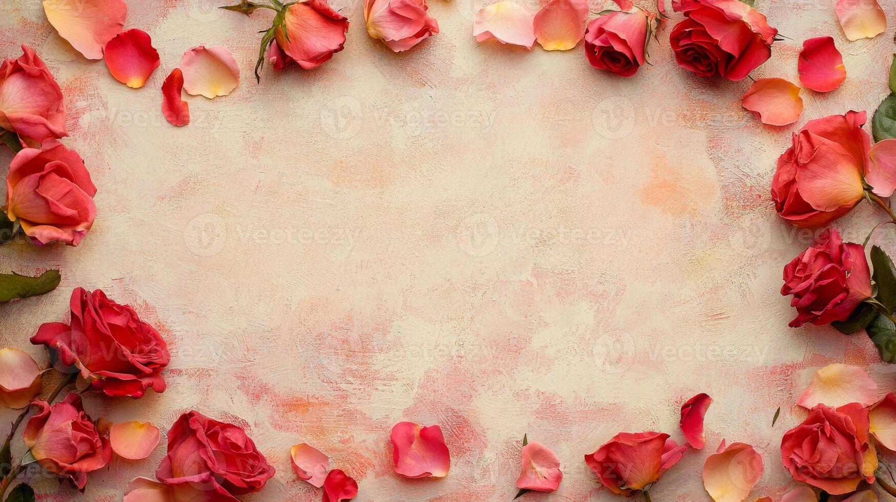 Roses in various shades surround a pastel backdrop, creating a stunning visual display. The delicate petals are scattered, enhancing the romantic feel. Ideal for special celebrations or events. photo