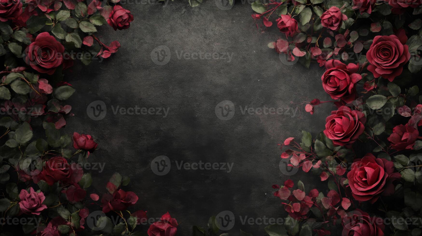 A collection of red roses elegantly arranged around a dark textured backdrop. The lush green leaves enhance the romantic atmosphere, making it ideal for various celebrations and special events. photo