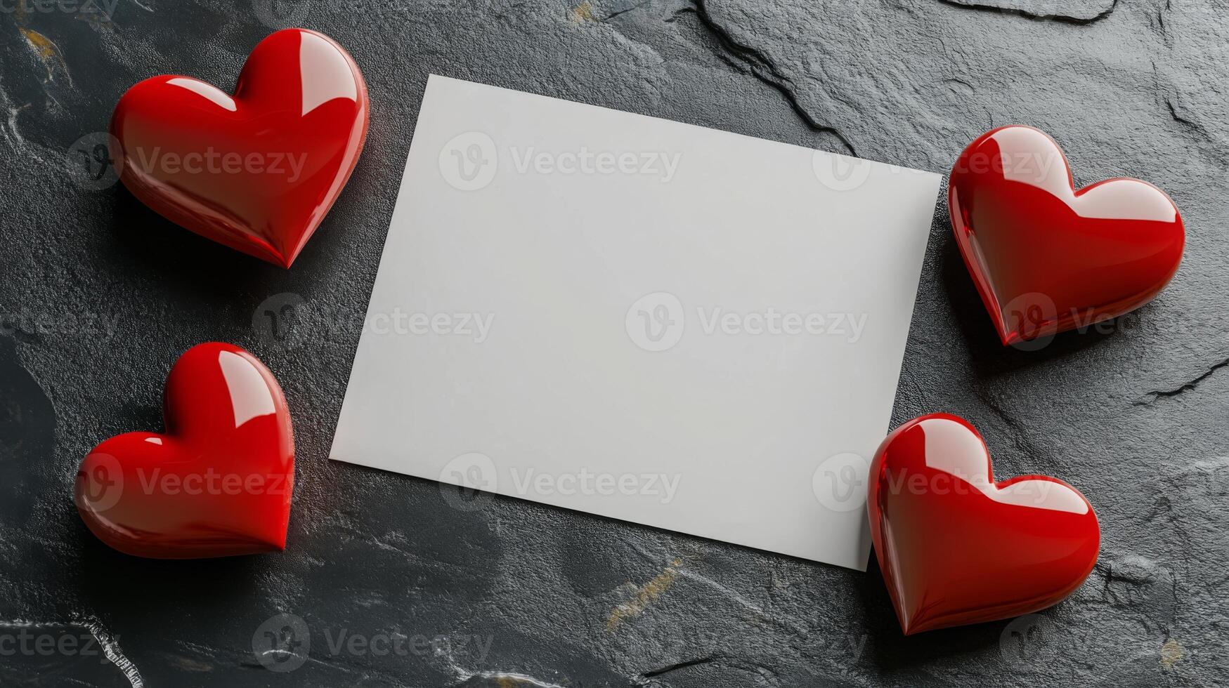 Four glossy red hearts are positioned around a blank card on a textured dark surface, ideal for writing romantic messages or notes. Perfect for Valentine's Day or love-themed occasions. photo
