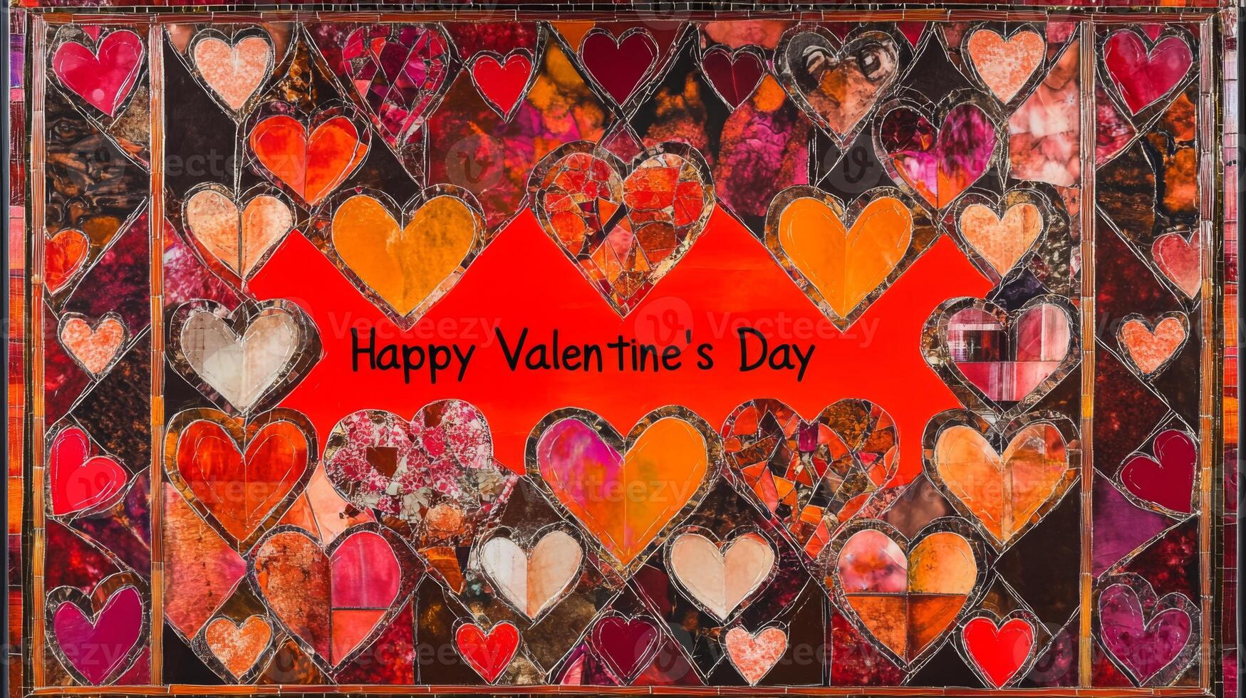 A vibrant display of hearts in various shades decorates a festive background. The centerpiece features a bold greeting wishing everyone a happy Valentine's Day. photo
