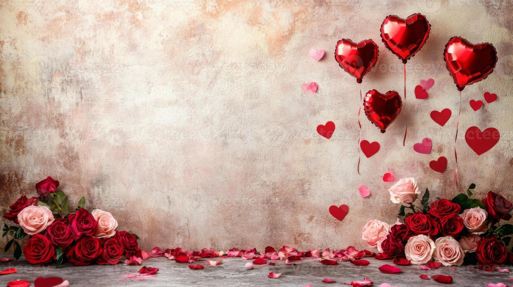Colorful heart-shaped balloons float above an arrangement of red and pink roses on a textured background. photo