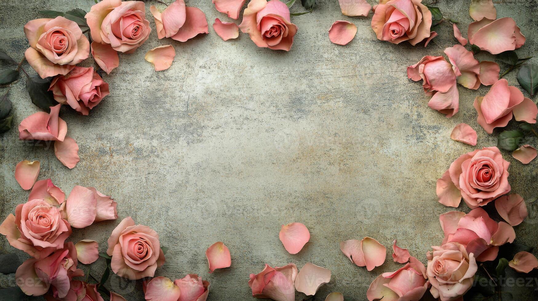 Soft pink roses and scattered petals create a delicate floral arrangement on a textured background. This composition highlights romance and beauty, perfect for special occasions or decor. photo