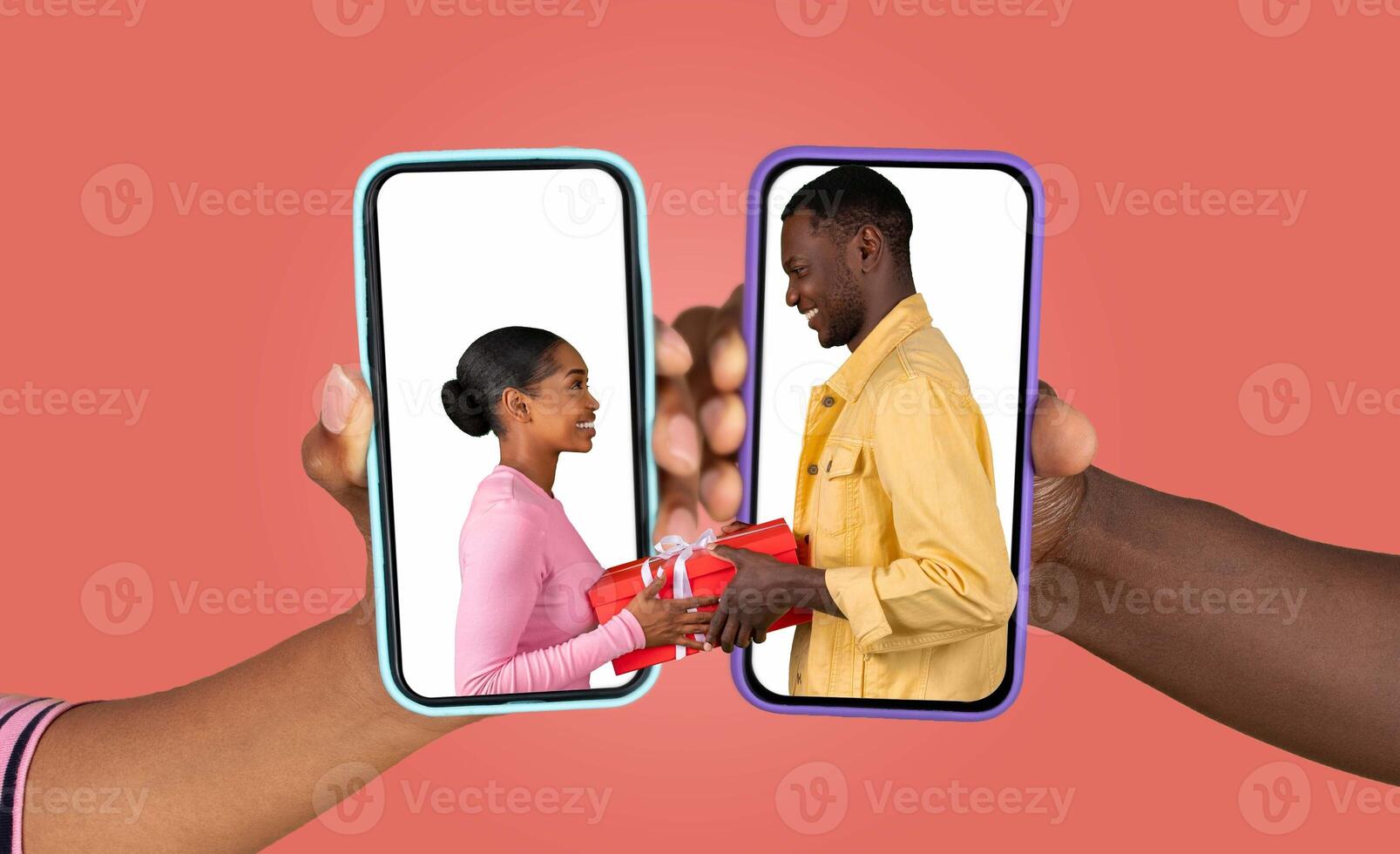 A happy couple interacts via smartphones, sharing love and messages. photo