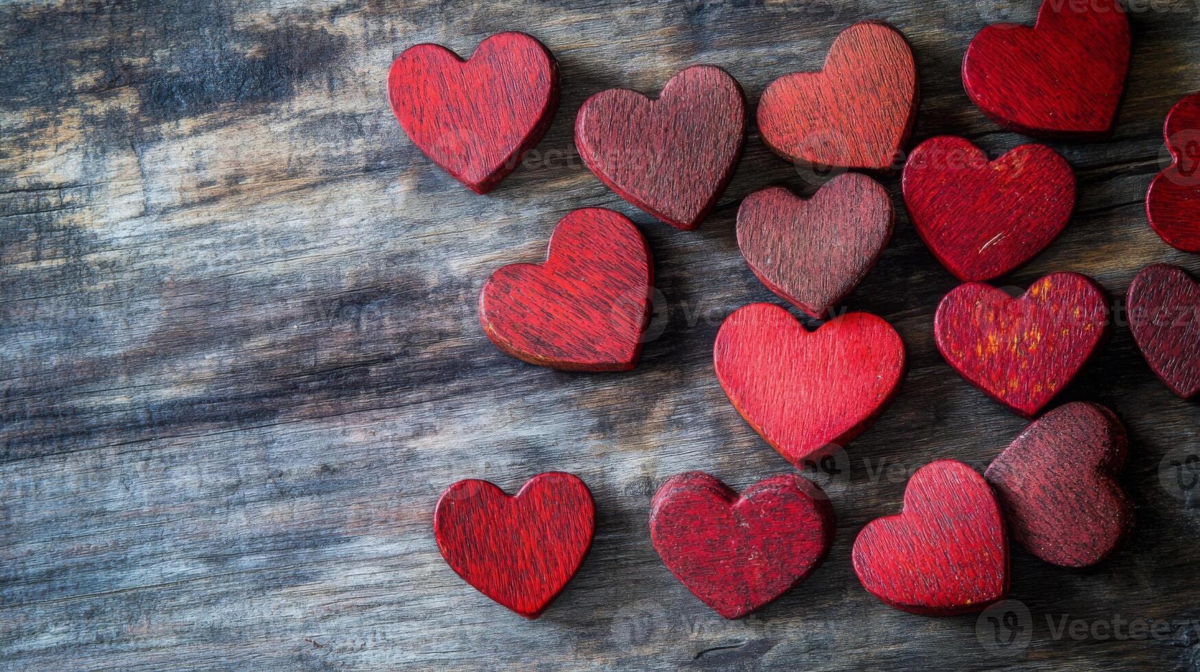 Small red hearts are scattered across a rustic wooden surface, creating a warm and inviting atmosphere ideal for romantic occasions or festive events. The vibrant colors add a cheerful touch. photo