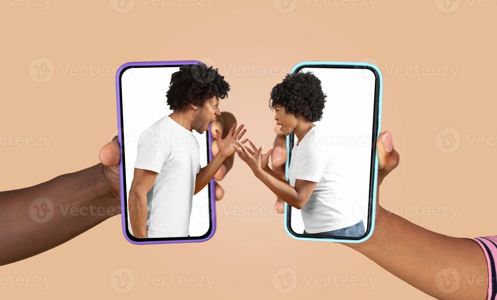 A couple engages in a lively text conversation using their smartphones, showcasing a blend of love and playful arguments. Their hands and devices are prominent, emphasizing their connection. photo