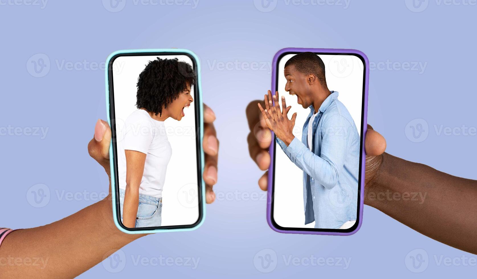 A couple engages in a heated conversation through their smartphones, conveying strong emotions while chatting. Their faces show tension as they express their feelings in different locations. photo