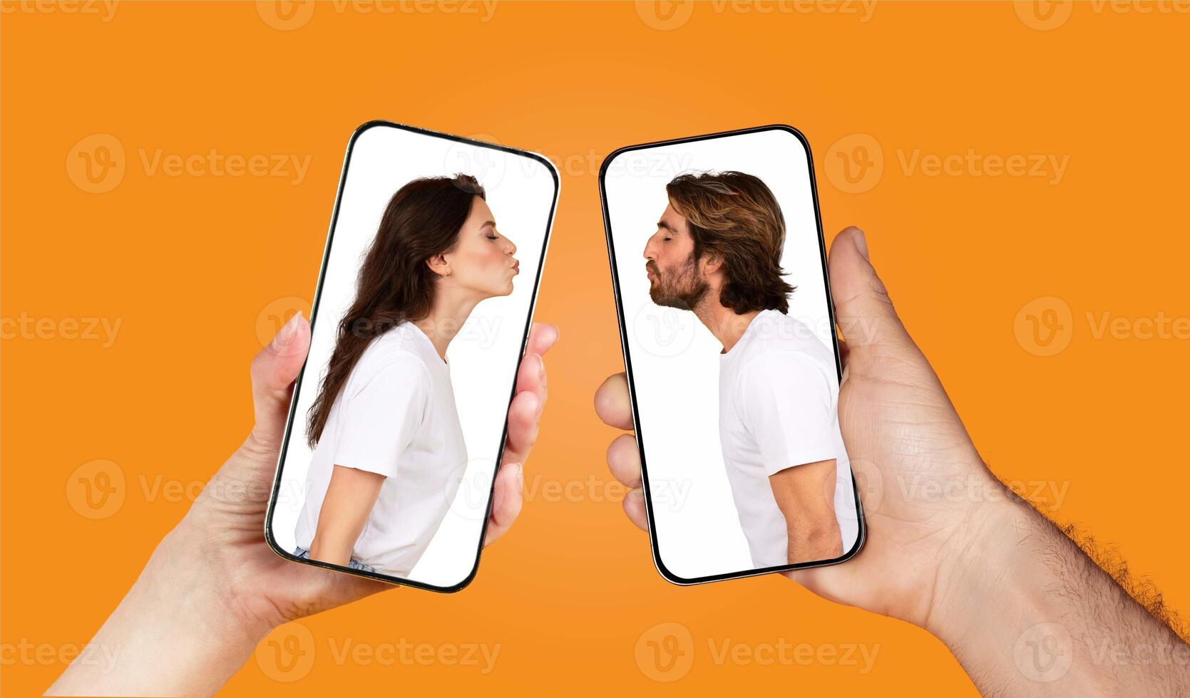 Two people engage in a playful interaction using their smartphones, expressing love through text messages. The bright background enhances their joyful connection. photo