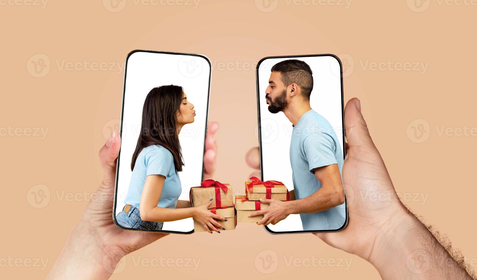 A couple shares a heartfelt moment as they exchange gifts using their smartphones. Their hands hold phones displaying each other images, embodying love and connection. photo