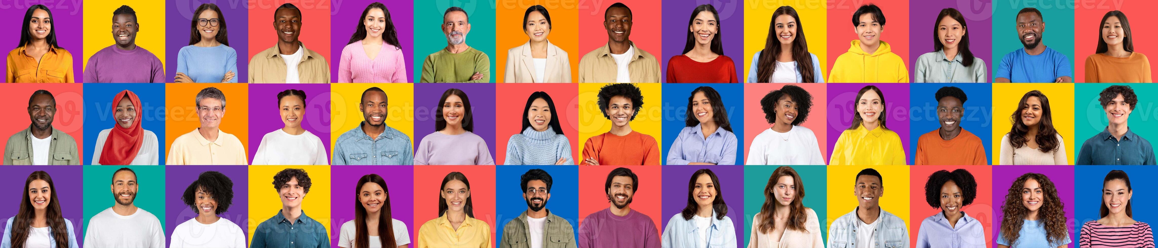 This colorful composition showcases a diverse collection of joyful people from various backgrounds. Each face reflects happiness and the beauty of global unity in an engaging mosaic. photo