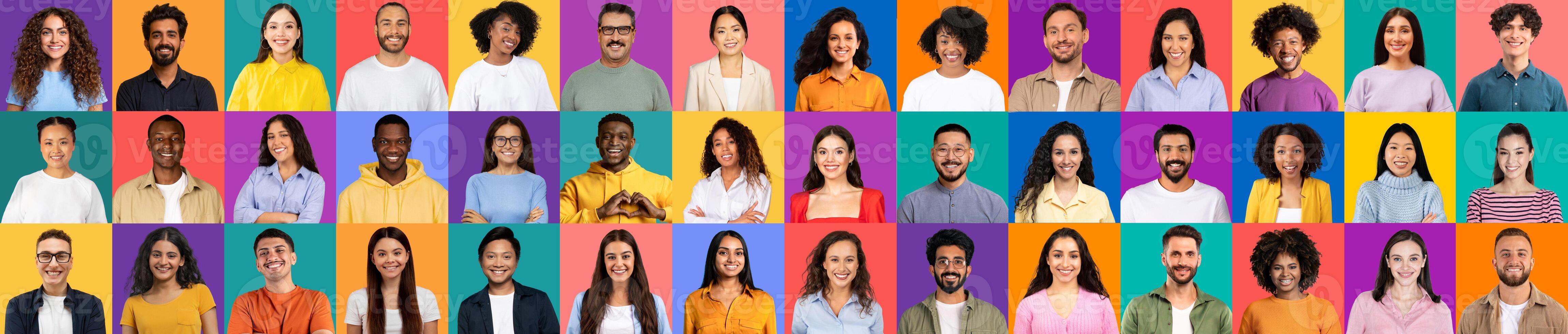 A vibrant collection of diverse faces showcases joyful individuals from various backgrounds. This portrait mosaic reflects global unity and celebrates cultural diversity among people. photo