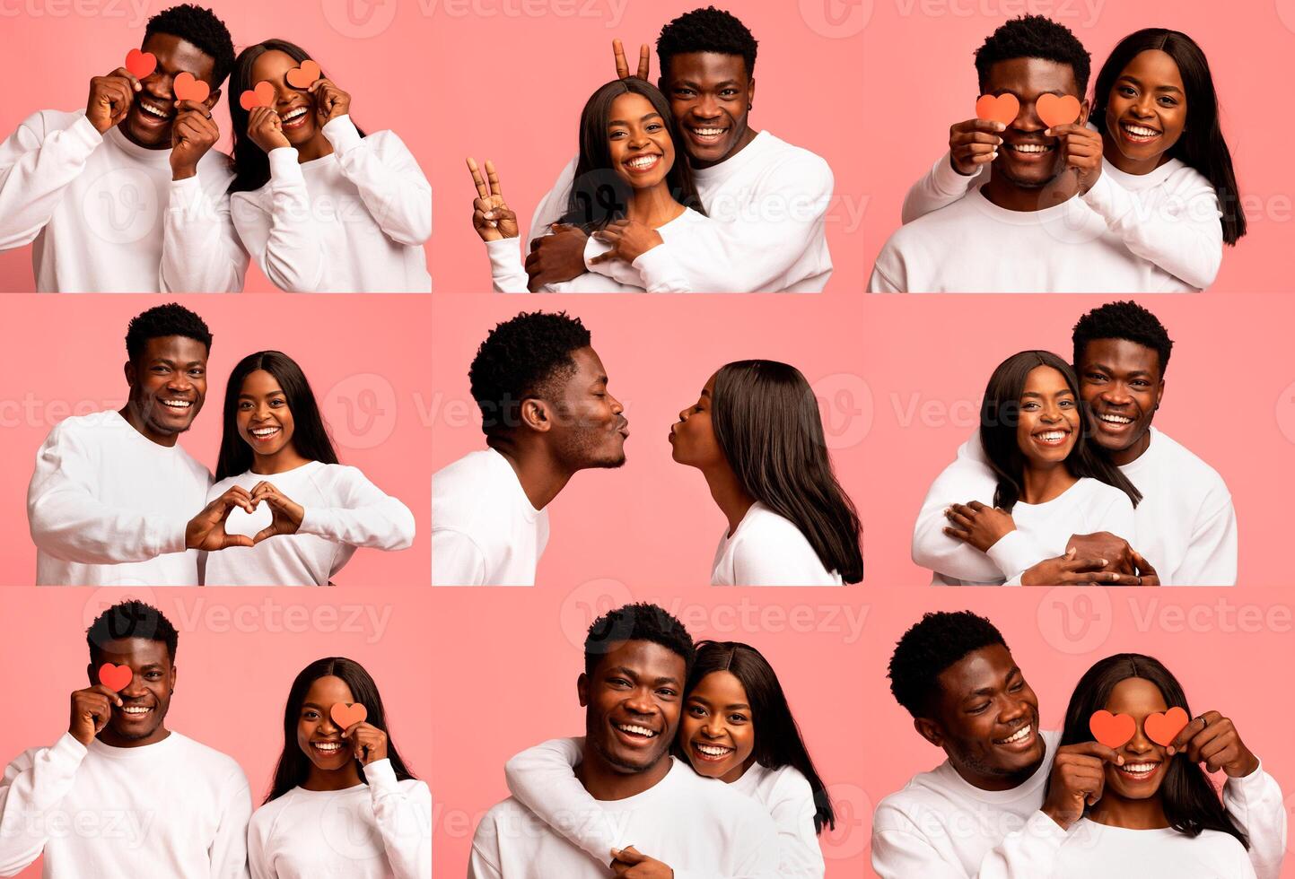 A young black couple joyfully shares their love on Valentine's Day, creating a collage of affectionate moments together. Their smiles and playful gestures highlight their strong bond and happiness. photo