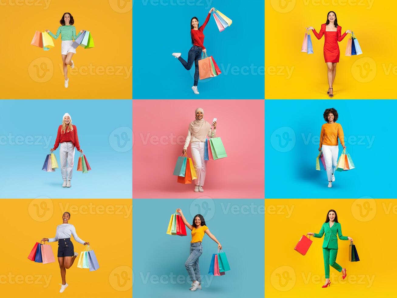 A vibrant collection of diverse people enjoying shopping with colorful bags. The festive atmosphere showcases the excitement of bargain hunting during a seasonal sale event. photo