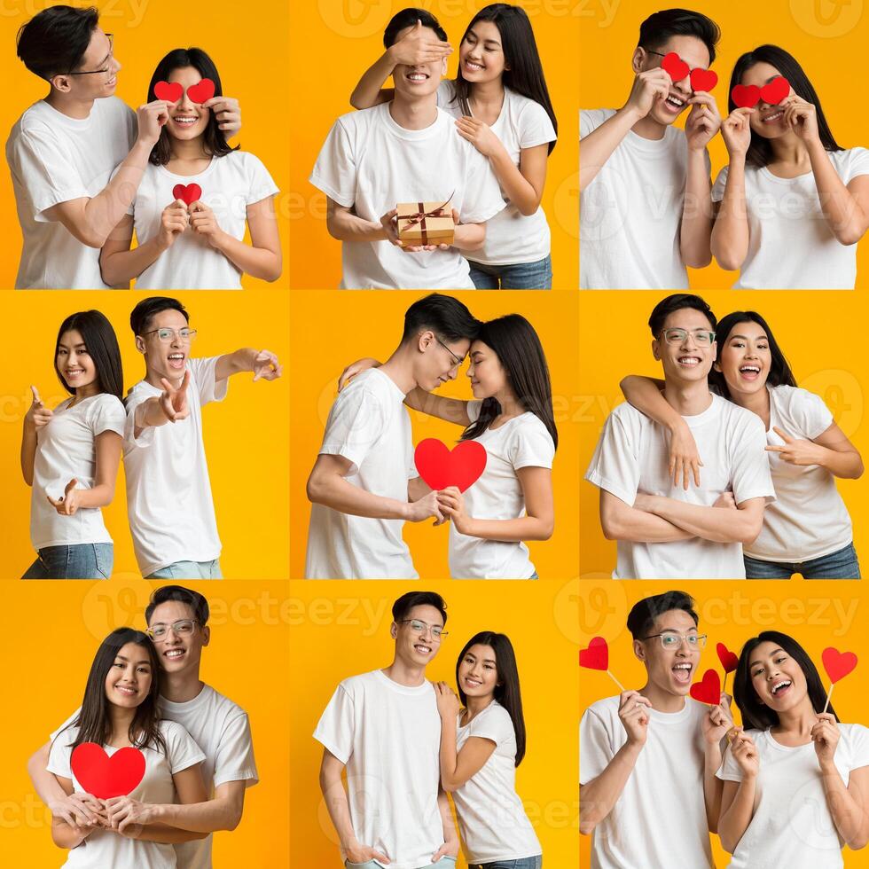 A young Asian couple expresses their affection through playful poses and heartfelt gestures, celebrating their love with a cheerful collection of moments perfect for St Valentines Day. photo