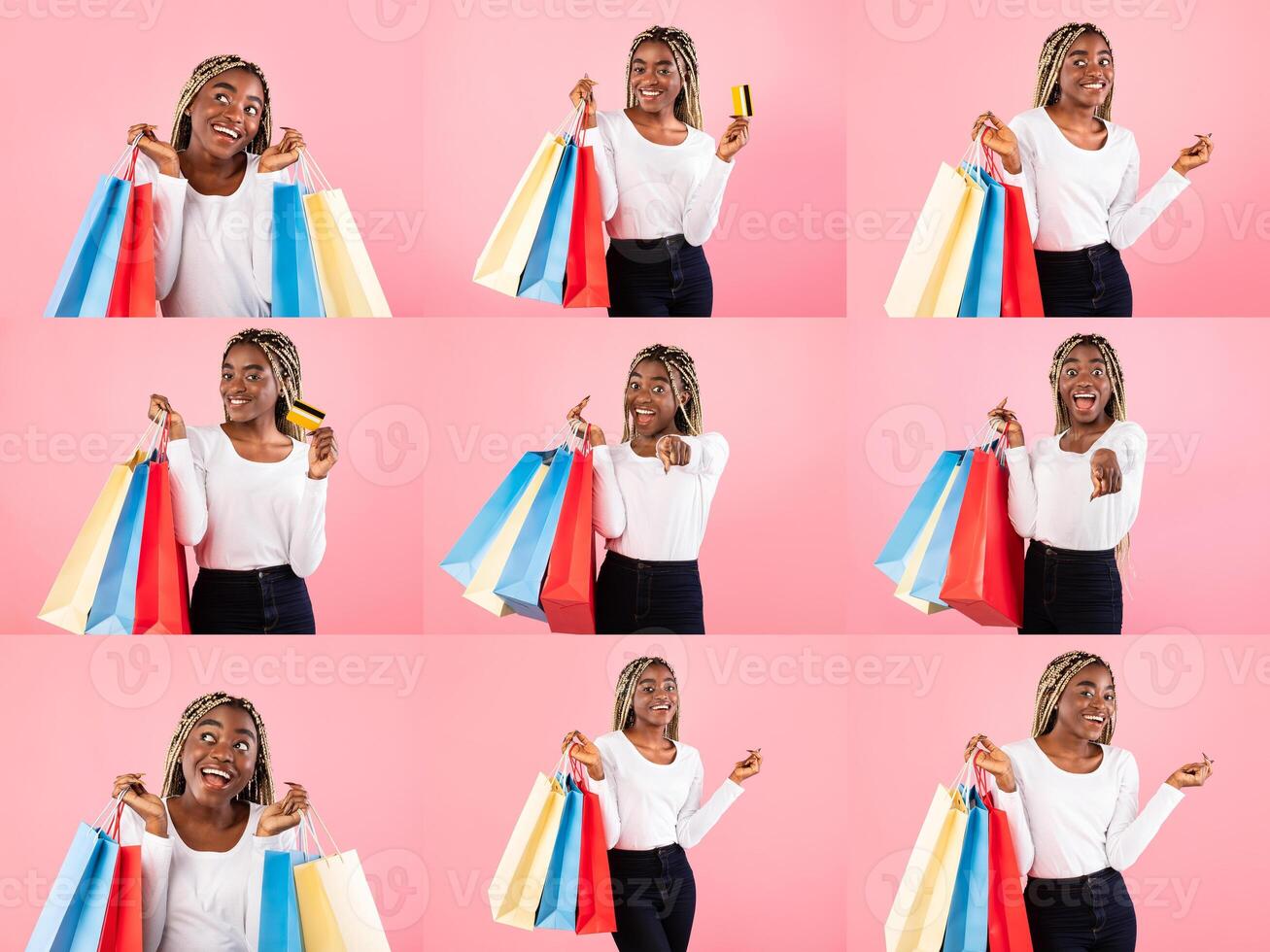 A joyful black lady celebrates shopping with vibrant bags filled with purchases. The enthusiasm for consumerism is evident, showcasing the thrill of Black Friday deals and discounts. photo