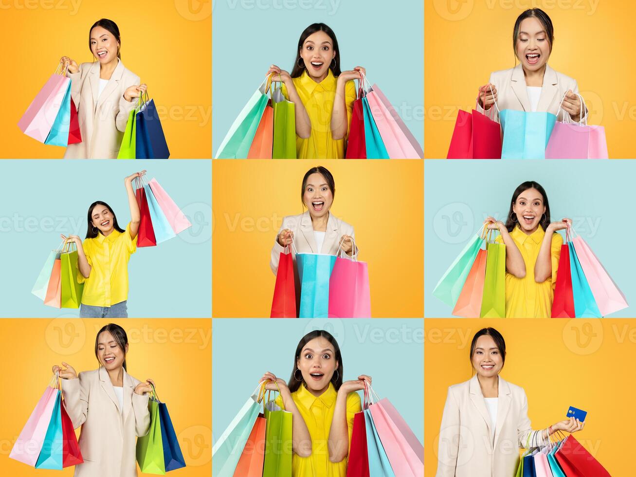 A joyful collection of people shopping with colorful bags highlights the thrill of discounts during the sale season, set against bright backgrounds that enhance the festive atmosphere. photo