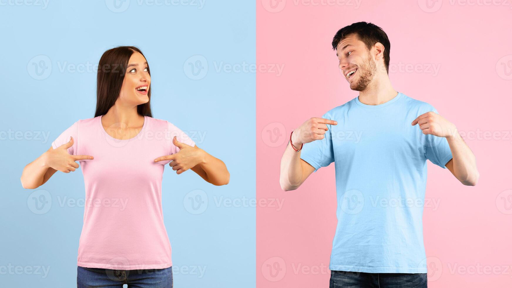 Portrait of egocentric couple pointing at themselves and looking at each other isolated on blue and yellow studio wall photo