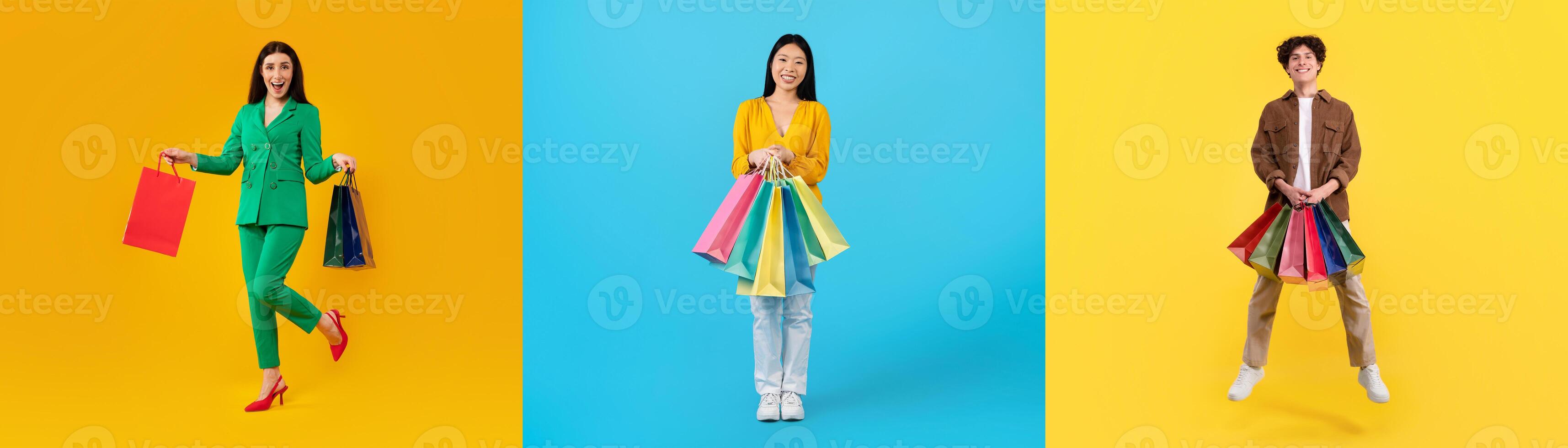 Three individuals showcase their shopping enthusiasm with bags of colorful merchandise. Each person, dressed in bright attire, enjoys the excitement of black Friday sales. photo