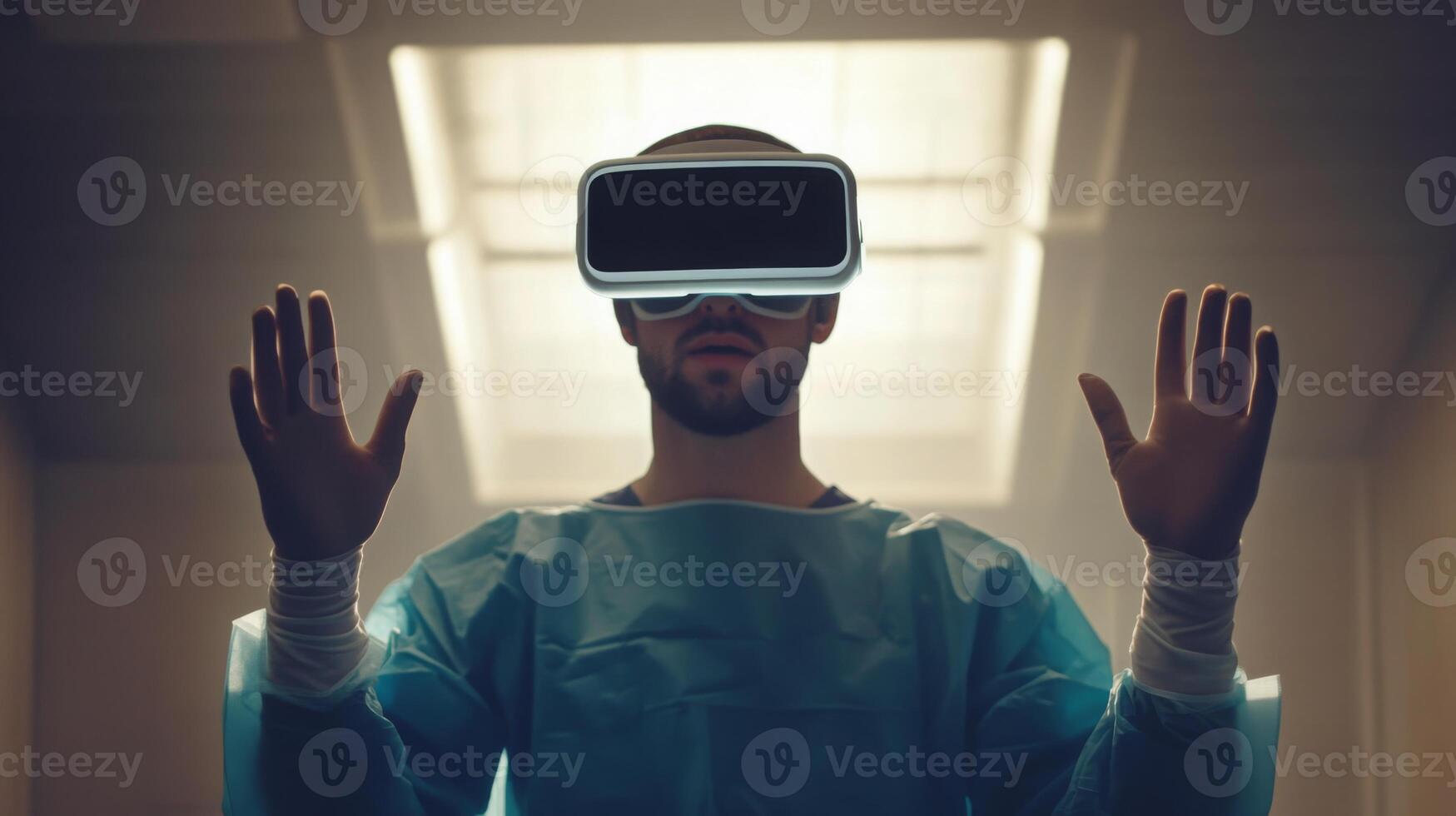 A healthcare professional in scrubs is using virtual reality equipment to practice surgical techniques. The bright, sterile environment highlights the integration of technology in medical training. photo