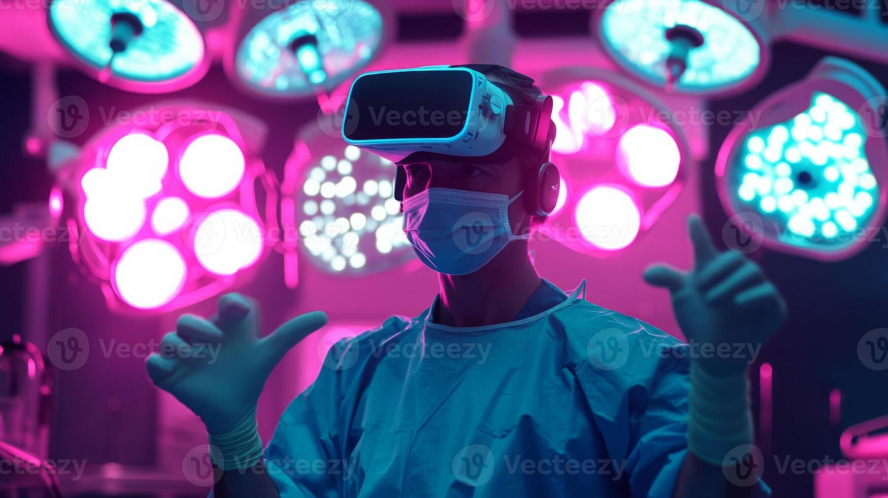 A medical professional dons virtual reality goggles inside a vibrant operating room illuminated in pink and blue light. photo