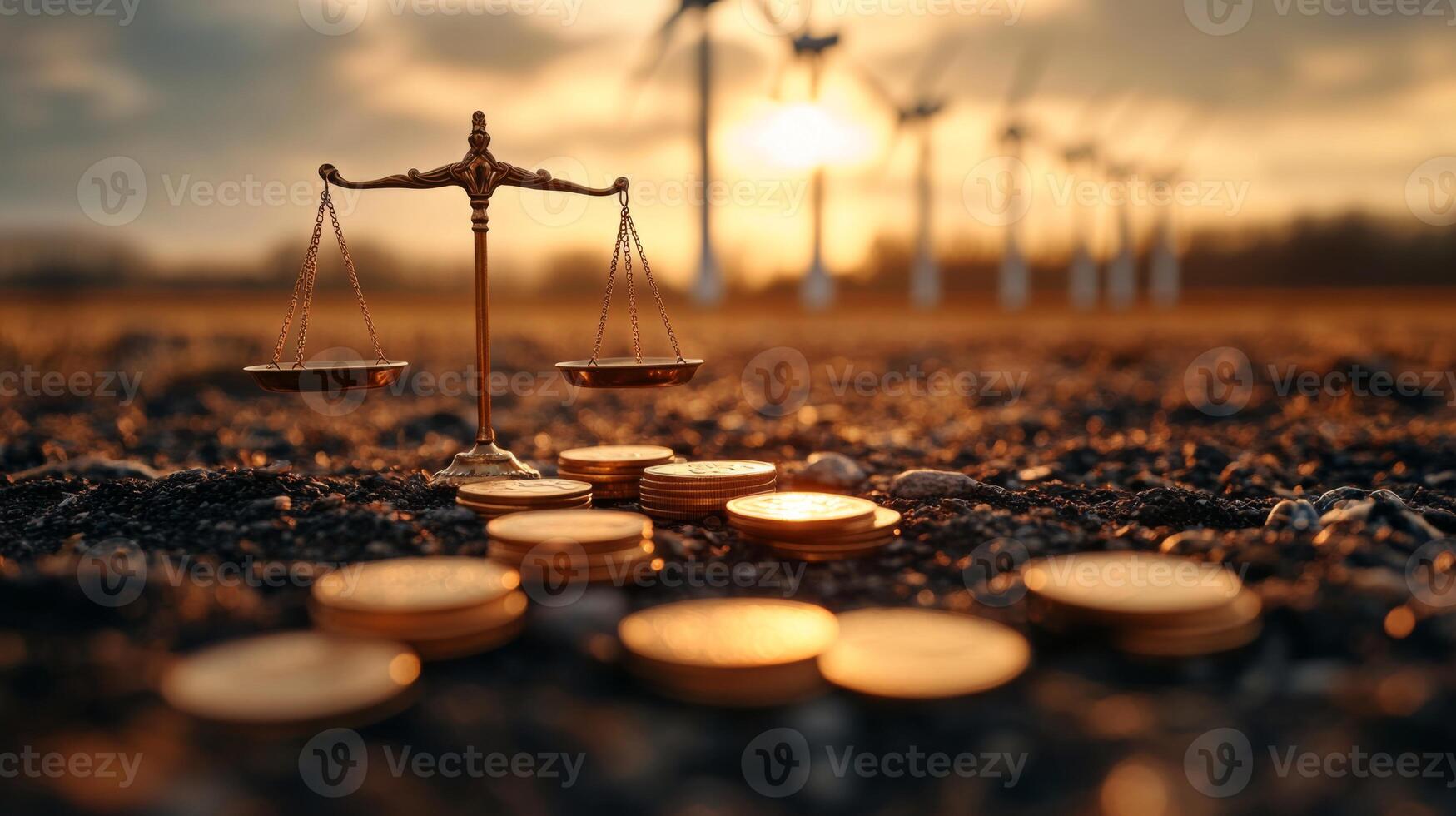 A golden scale balances against a backdrop of wind turbines at sunset, surrounded by scattered coins, highlighting the intersection of justice and sustainability in finance. photo