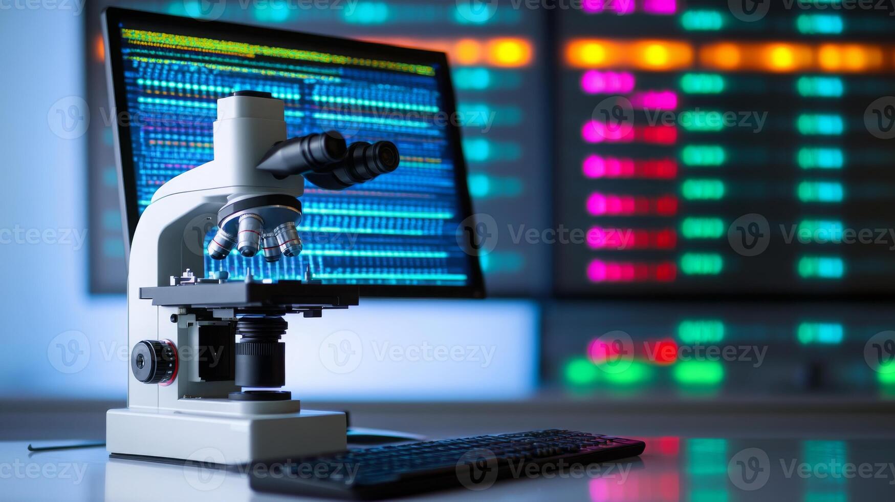 A computer screen displays colorful data while a microscope sits on a desk, showcasing the integration of artificial intelligence in biological research. photo