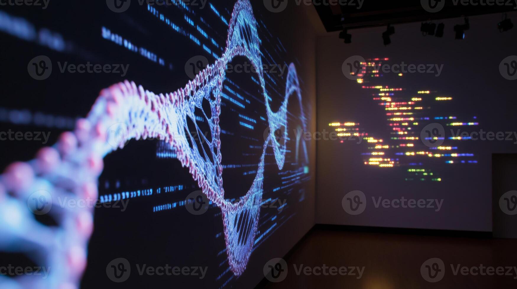 Digital graphics illustrate the intersection of artificial intelligence and bioinformatics on a large display. photo