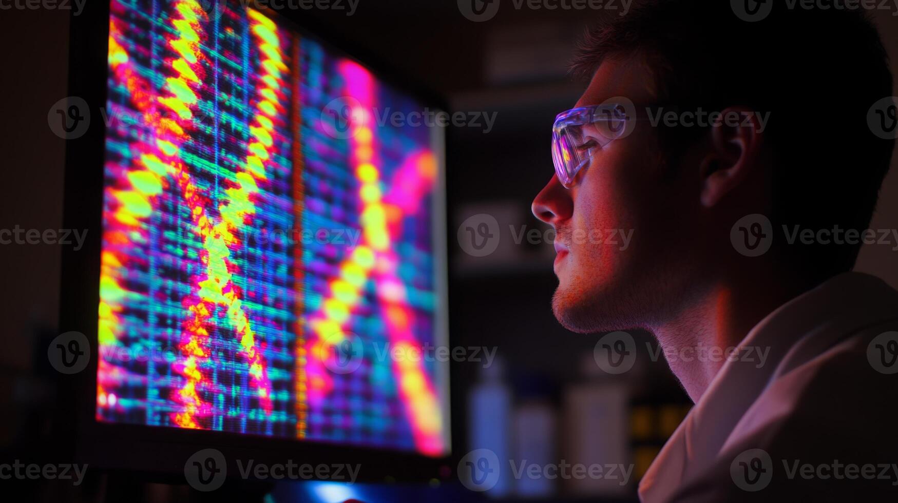 A researcher examines vibrant data patterns on a large computer monitor in a lab. The environment is dimly lit, highlighting the colorful visuals. Safety goggles adorn the man's face. photo