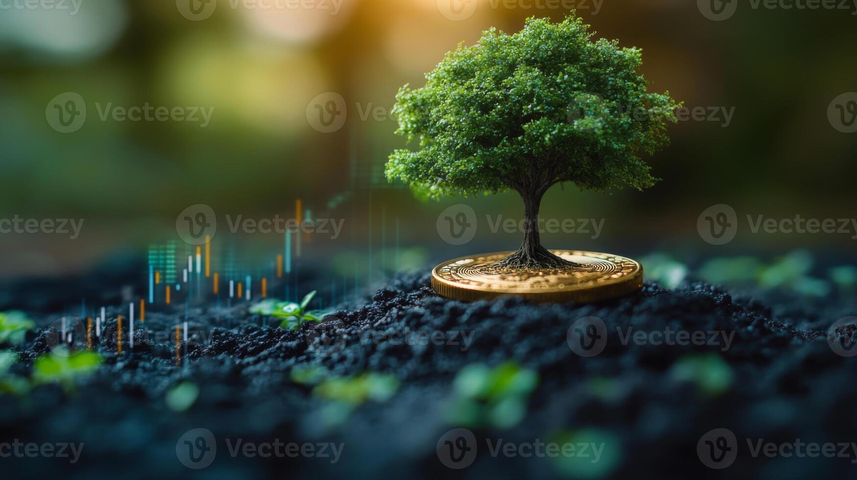 This visual illustrates the concept of sustainable investment, featuring a small green tree growing from a golden coin placed on rich soil, symbolizing growth and prosperity. photo