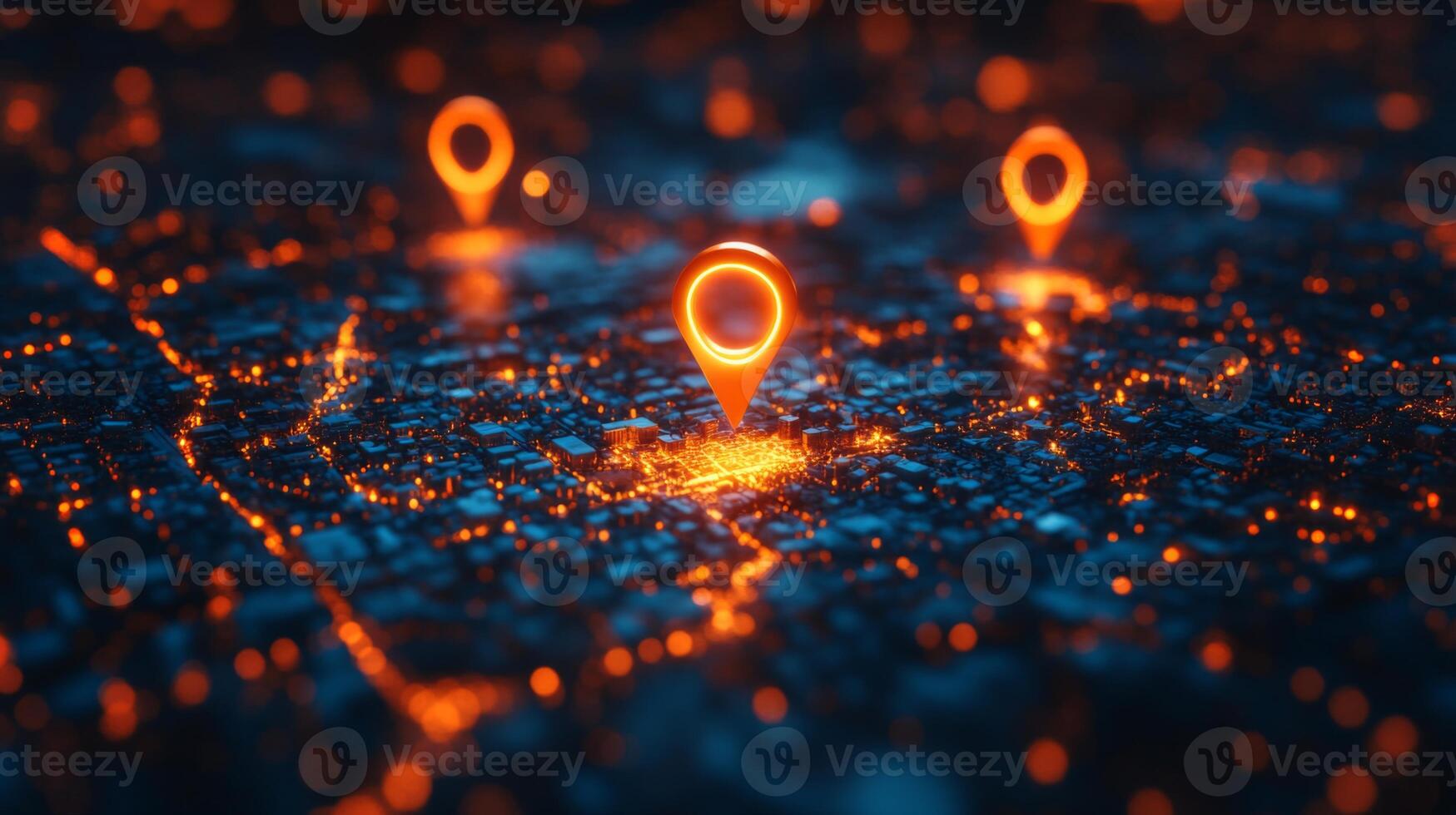 A detailed map showcases glowing location markers in an urban environment at night, highlighting landmarks and paths amid vibrant city lights. photo